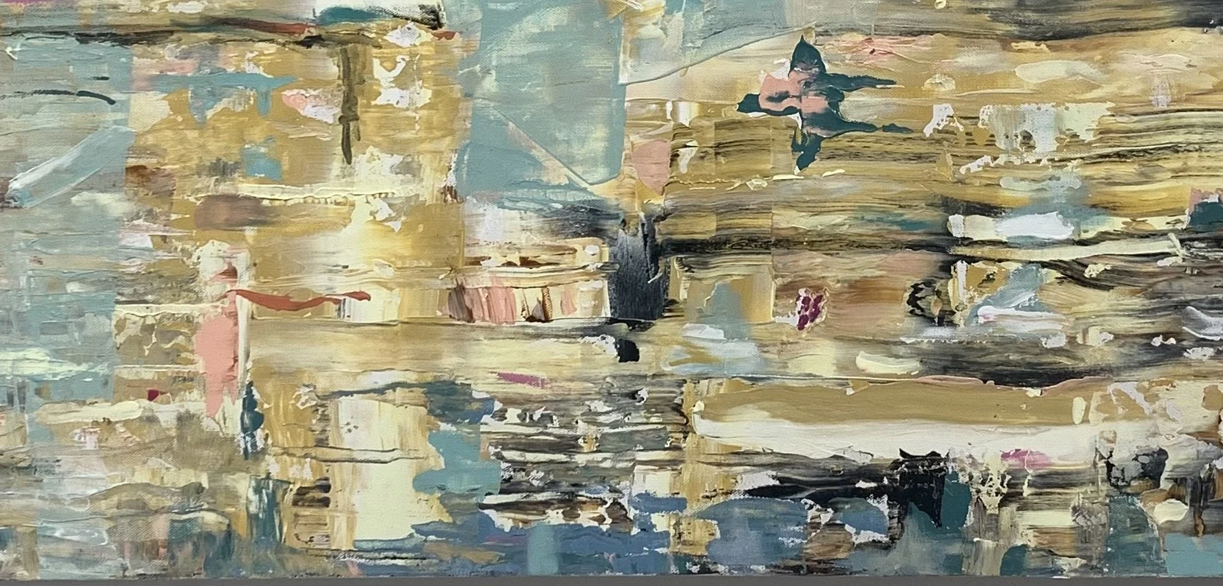 Bottom detail of New York Upside Down featuring expressive abstract brushwork, layered reflections, and luminous city-inspired textures in blue, gold, cream, and pink.