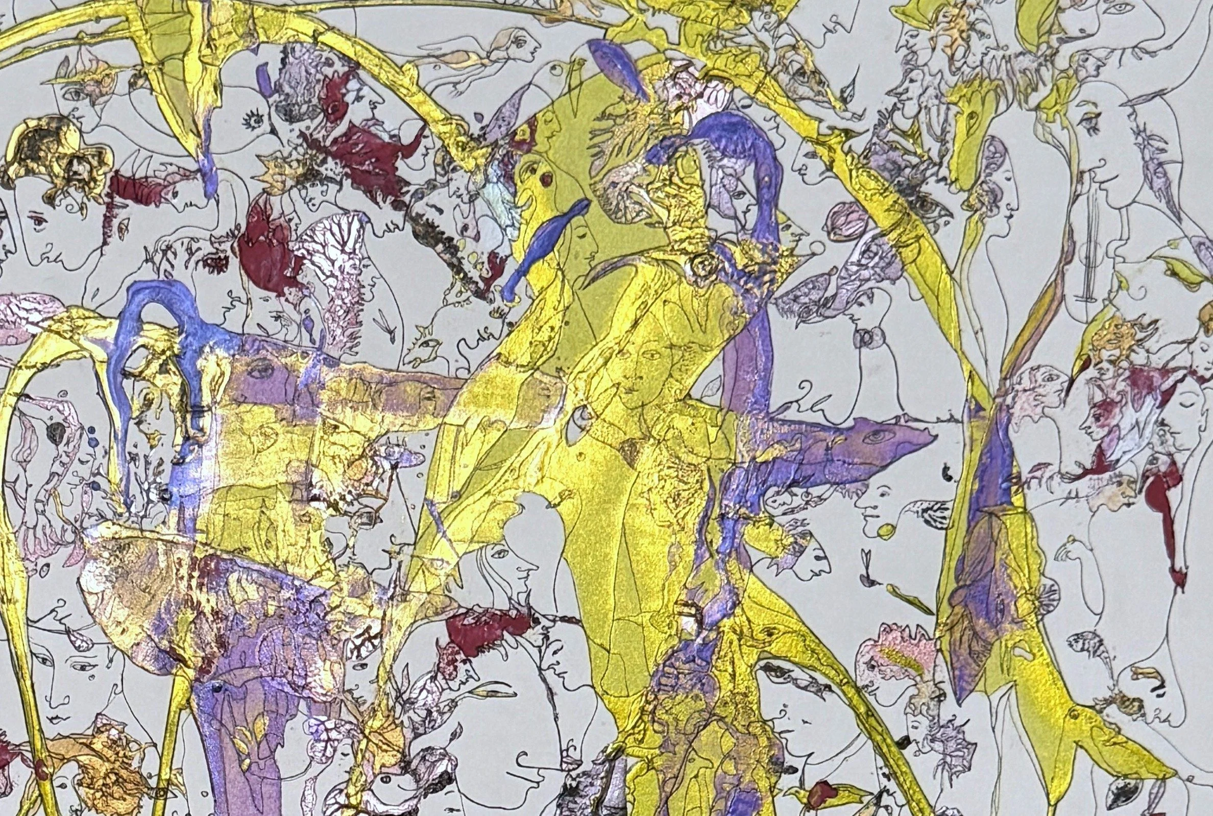 Upper right detail of Metamorphic Garden featuring symbolic human figures, birds, botanical imagery, and flowing green and violet abstract forms.