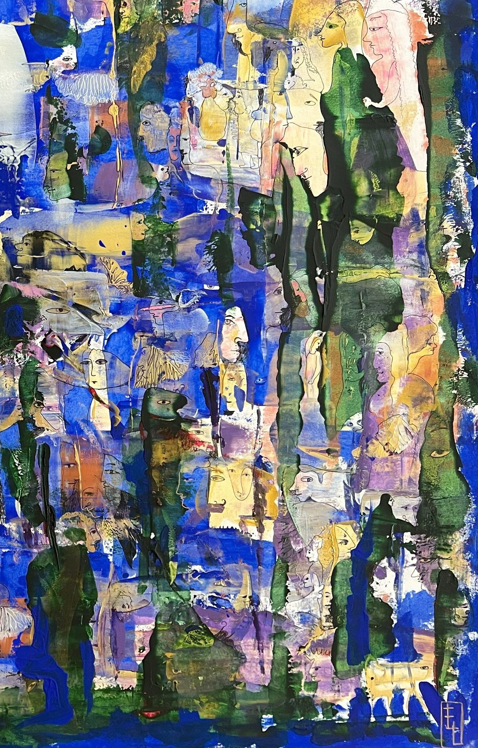 Right-side detail of Blue Princess showing hidden portraits, symbolic human figures, dreamlike faces, and layered blue, green, and lavender abstract forms.