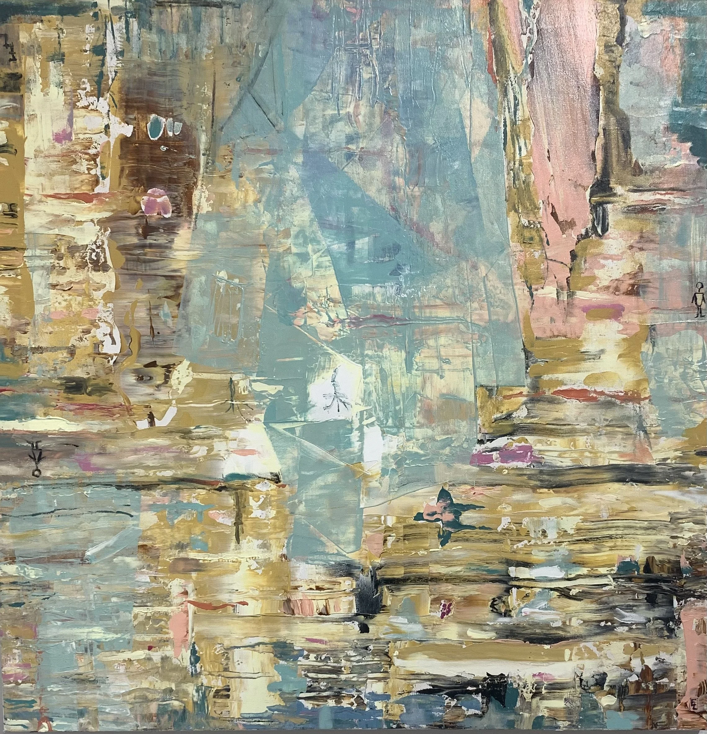 New York Upside Down, abstract acrylic painting by Yelena Lezhen featuring Central Park suggested by a translucent green form surrounded by layered New York skyscrapers in gold, blue, and pink.