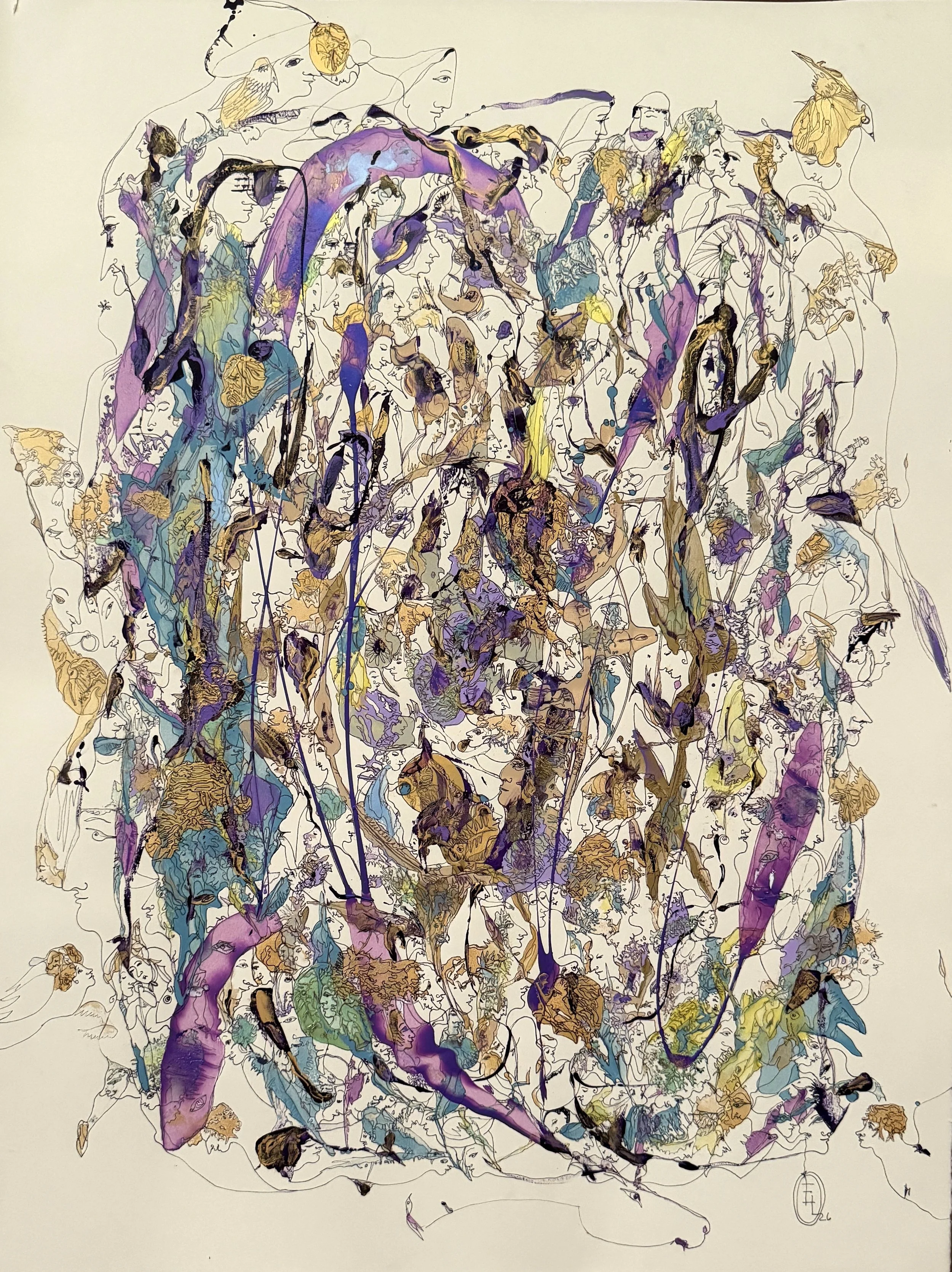 The Reflection of Eternity, original abstract figurative acrylic and ink painting by Yelena Lezhen featuring symbolic human faces, birds, flowing violet and turquoise forms