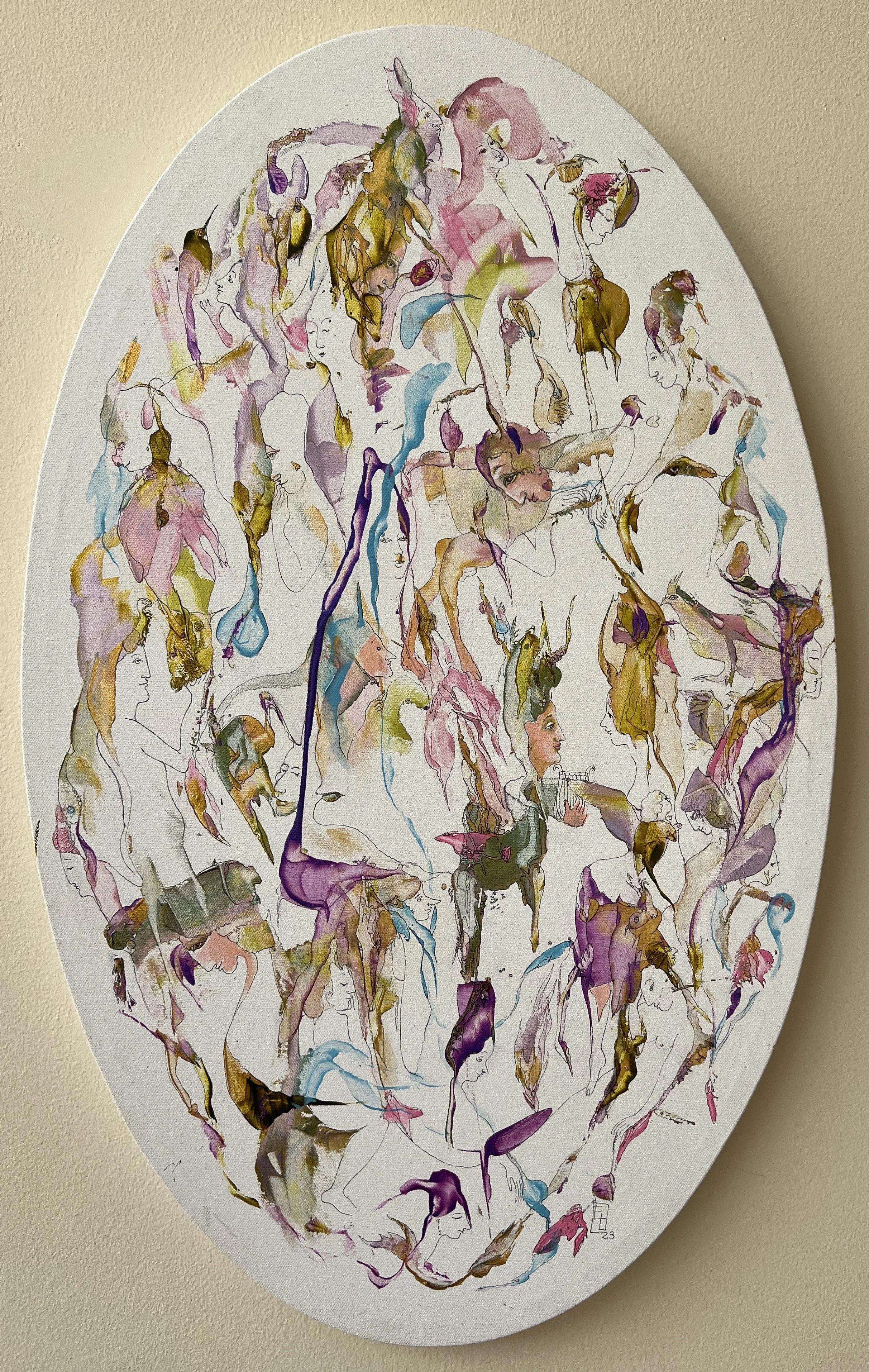 Spring Metamorphoses, an oval painting by Yelena Lezhen featuring symbolic human figures, birds, flowers, and organic forms intertwined in a dreamlike celebration of spring and transformation