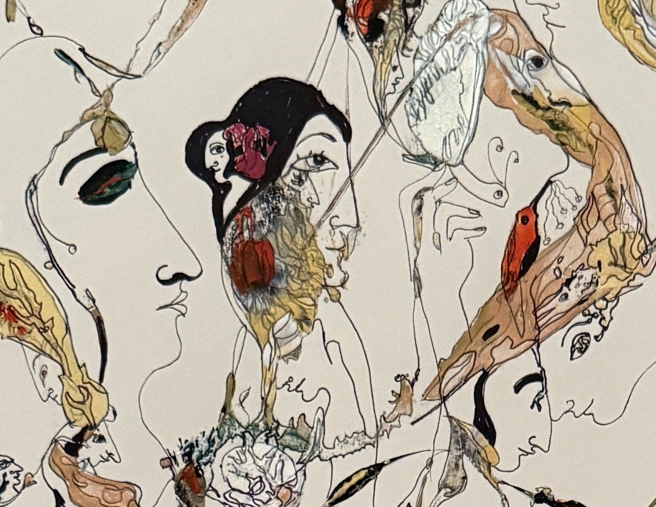 Upper left detail of Poetic Imagination showing expressive faces, birds, botanical forms, and intricate ink drawing within a poetic abstract composition.