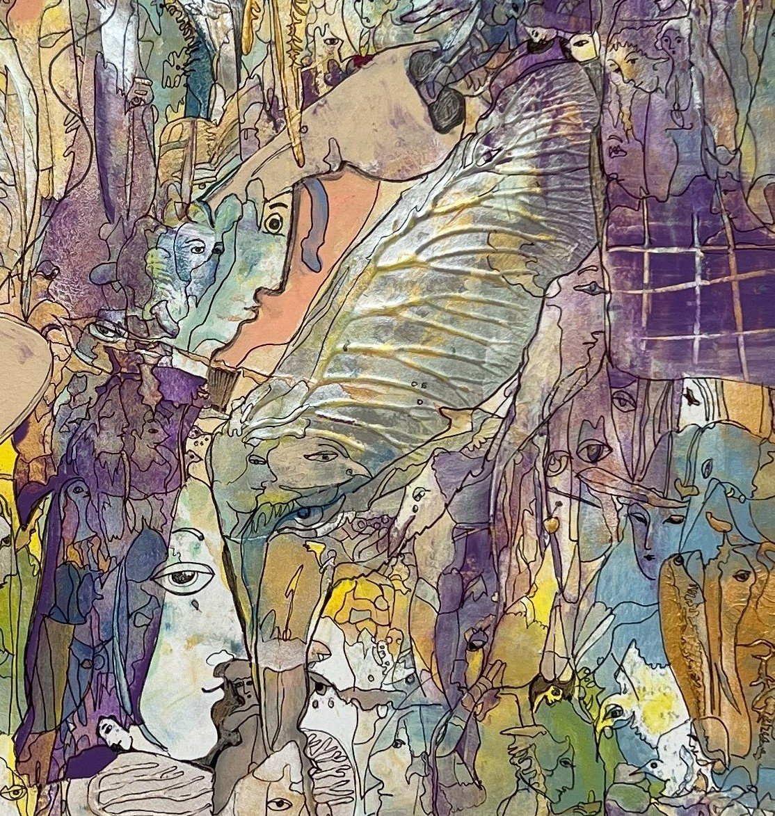 Center right detail of Philosophic Meditation highlighting hidden portraits, a graceful bird, symbolic figures, and layered acrylic and ink textures.