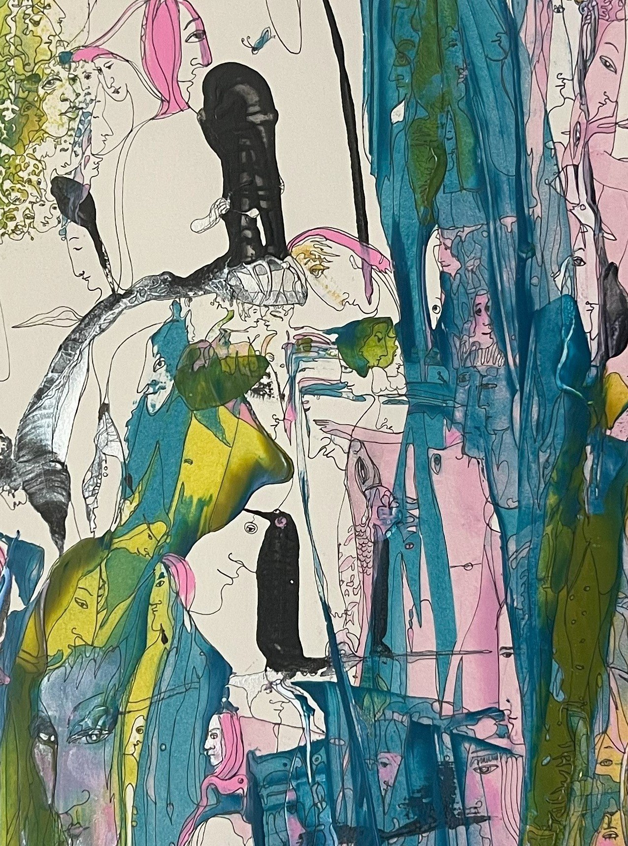 Center-up detail of Boat and Its Passengers featuring layered portraits, expressive faces, and flowing symbolic forms in blue, green, and pink.s.jpg
