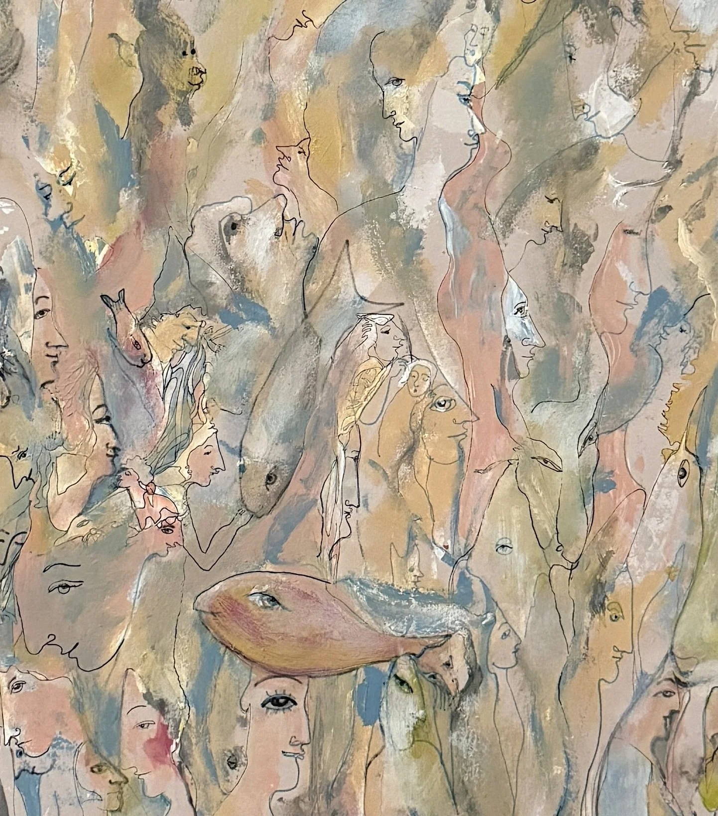 Lower center detail of Pastel Nocturne by Yelena Lezhen featuring symbolic faces, a fish motif, flowing abstract forms, and layered pastel colors expressing imagination and quiet reflection