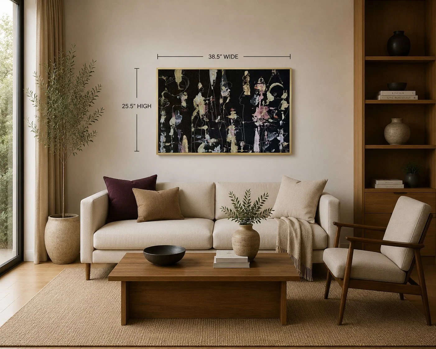 Framed limited edition tapestry "Philosophic Meditation Over Tea" displayed above a contemporary sofa in a modern minimalist living room, dimensions 25.5 × 38.5 inches.