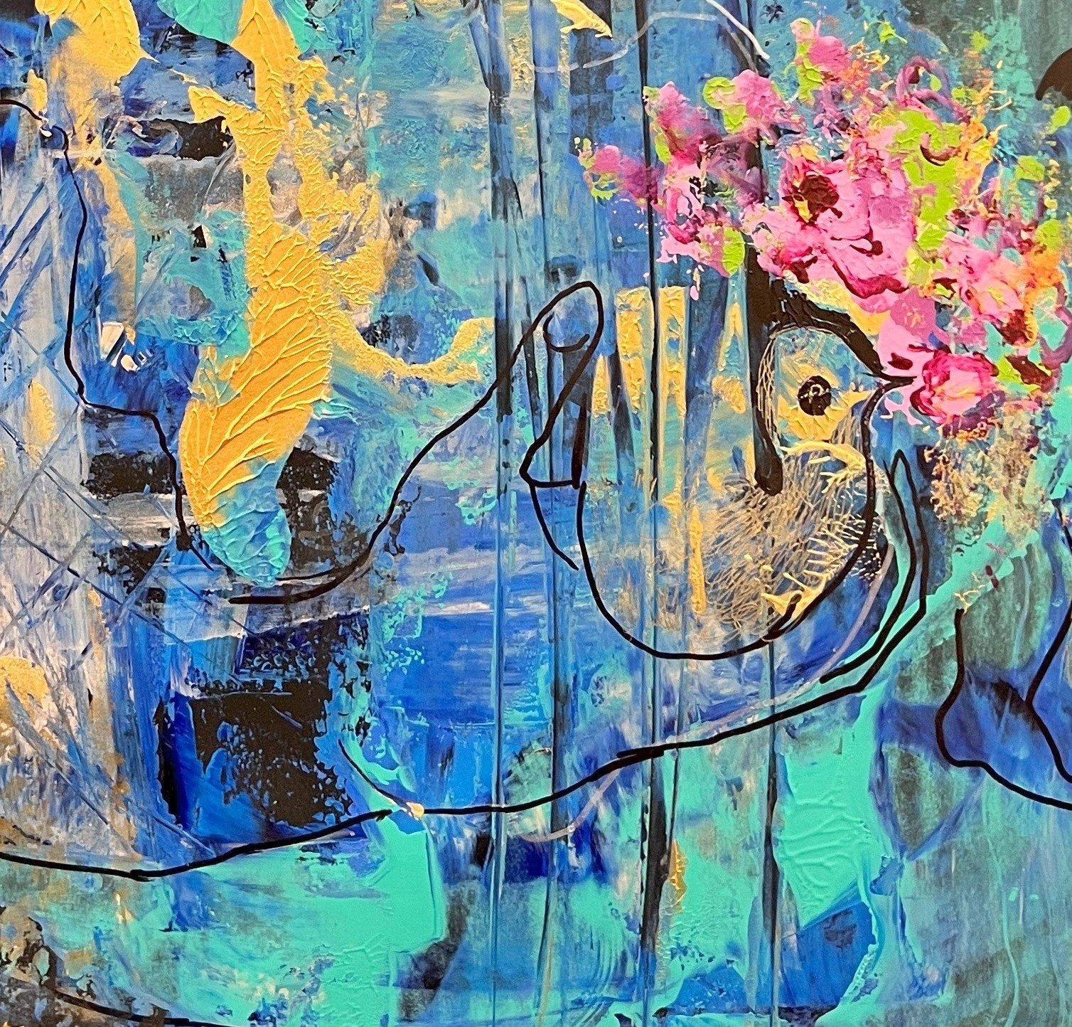 Right-down detail of Blue Madonna showing a symbolic bird beneath vibrant pink blossoms surrounded by layered blue and gold abstract textures.