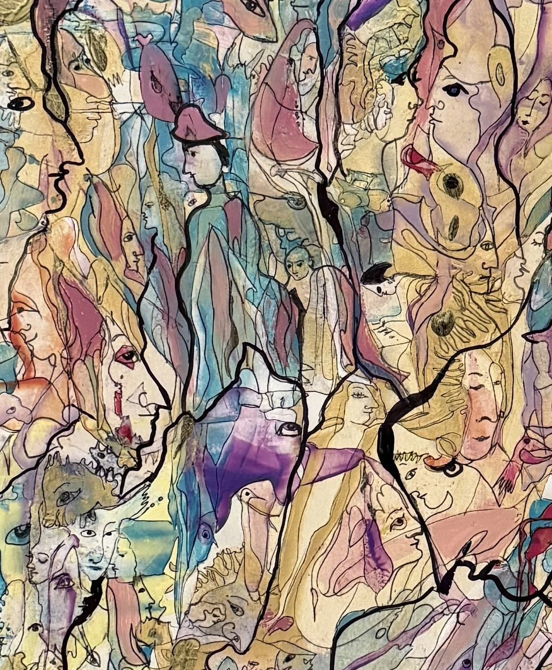 Central detail of Reflection for Souls showing interconnected symbolic faces, abstract figurative forms, and flowing blue and violet linework by Yelena Lezhen.