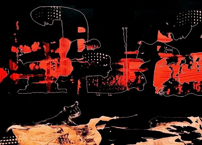 Center detail of this contemporary symbolic abstract painting shows glowing red abstract forms, symbolic faces, architectural shapes, and expressive line work against a black background.