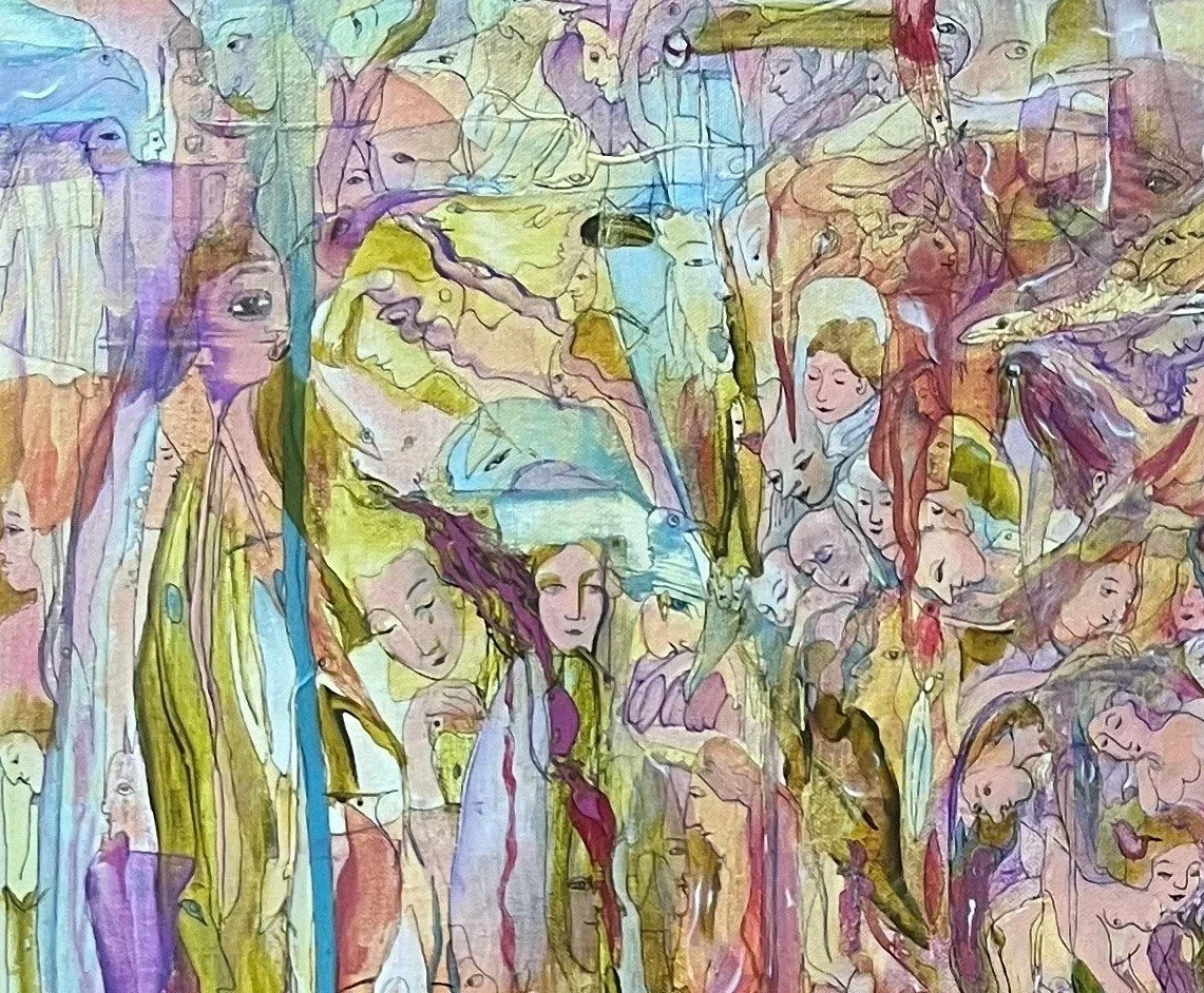 Upper left detail of Hope featuring delicate human faces, birds, and flowing symbolic forms in luminous acrylic and ink on canvas.