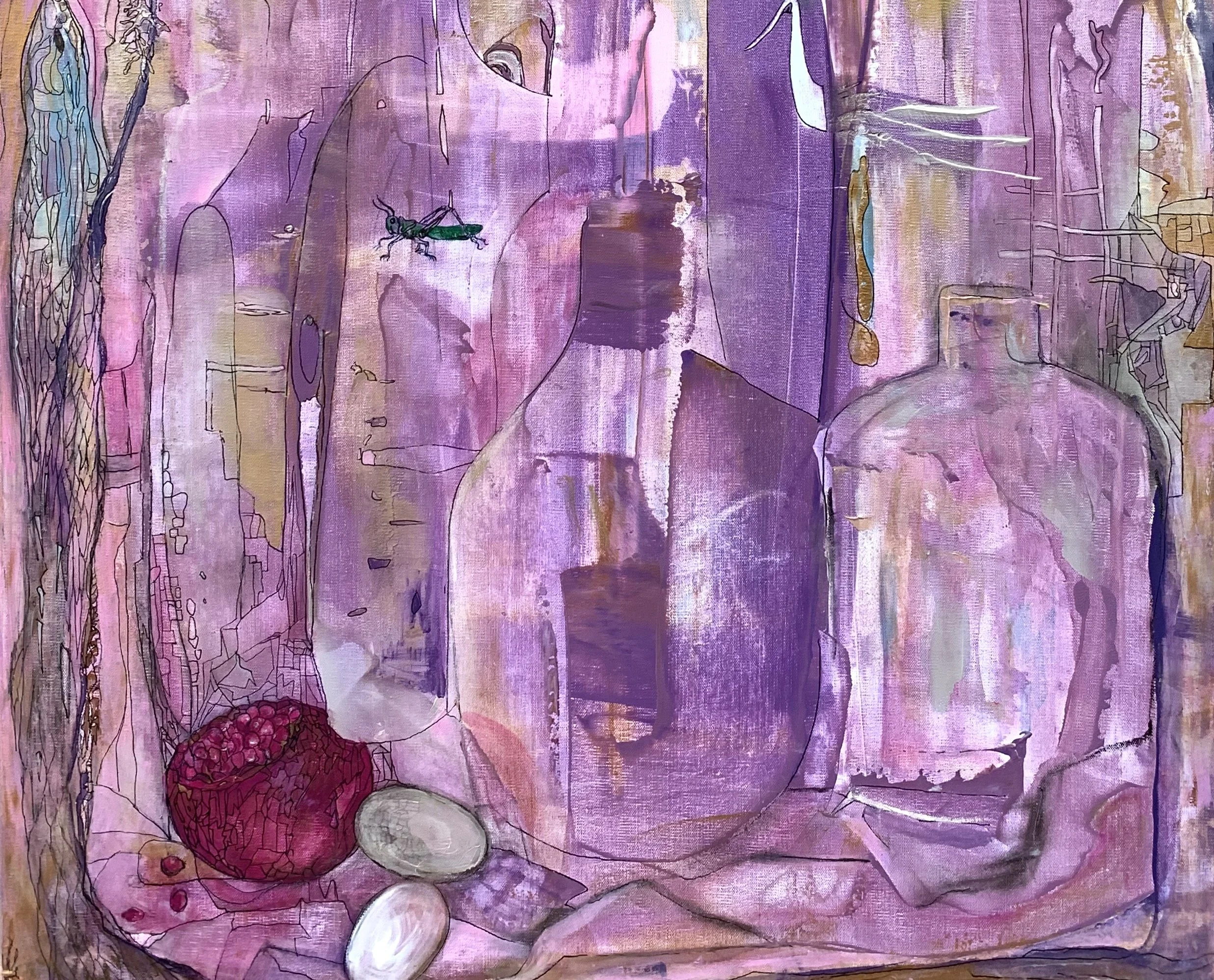 Bottom detail of The Window highlighting translucent vessels, a pomegranate, eggs, symbolic birds, and layered abstract forms representing memory, renewal, and life's journey