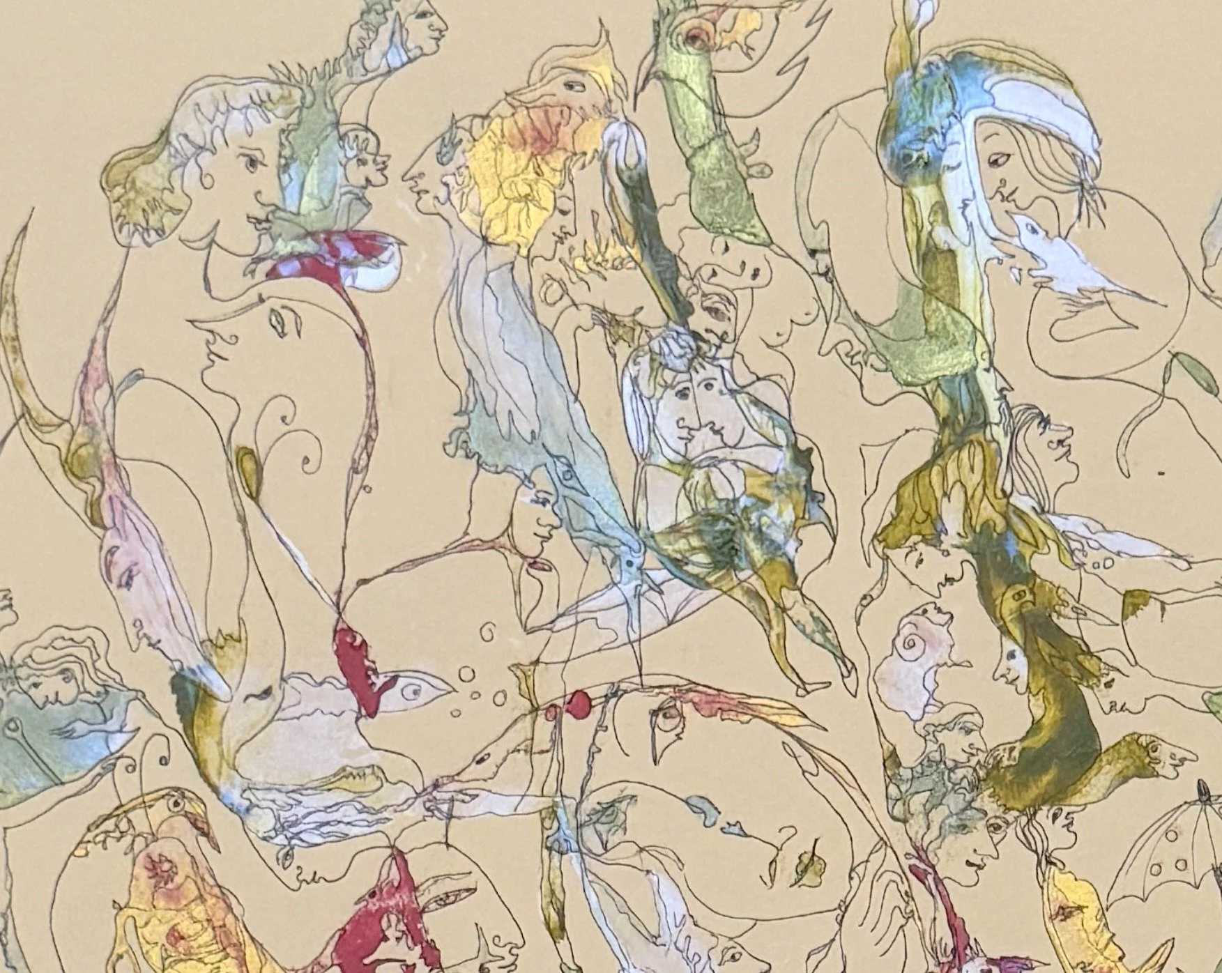 Top left detail of Eternity in Fragments featuring symbolic human profiles, birds, and flowing organic forms rendered in acrylic and ink.