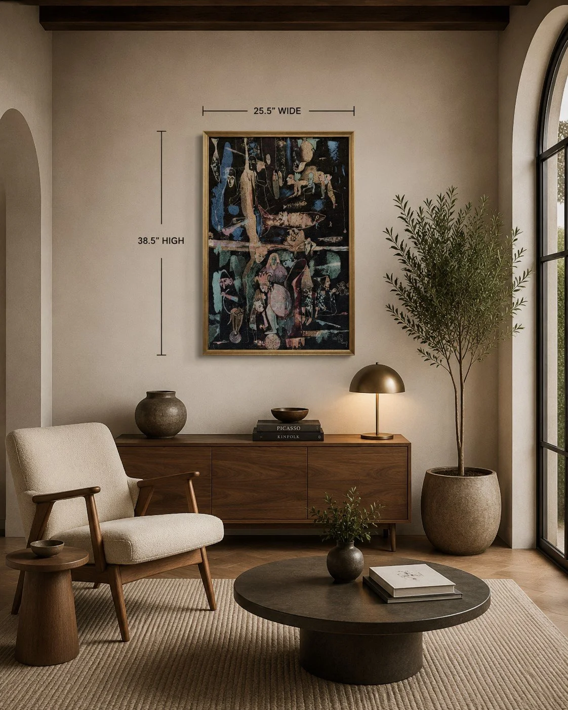 Framed limited edition tapestry "Dreaming" displayed in a contemporary living room above a walnut console, dimensions 38.5 × 25.5 inches.
