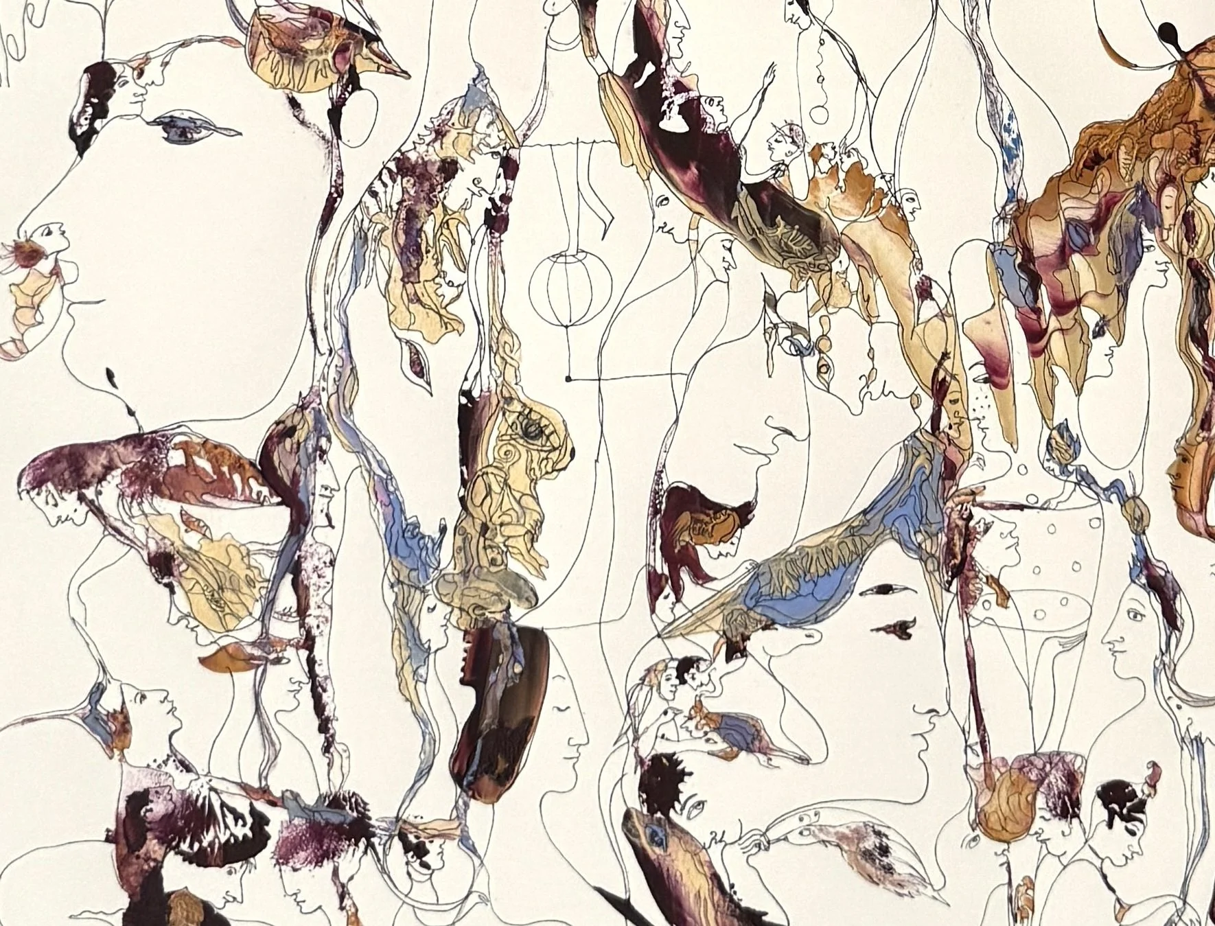Bottom left detail of Harmonious Expression of Emotions showing hidden faces, delicate line drawings, symbolic figures, and flowing organic forms in acrylic and ink.