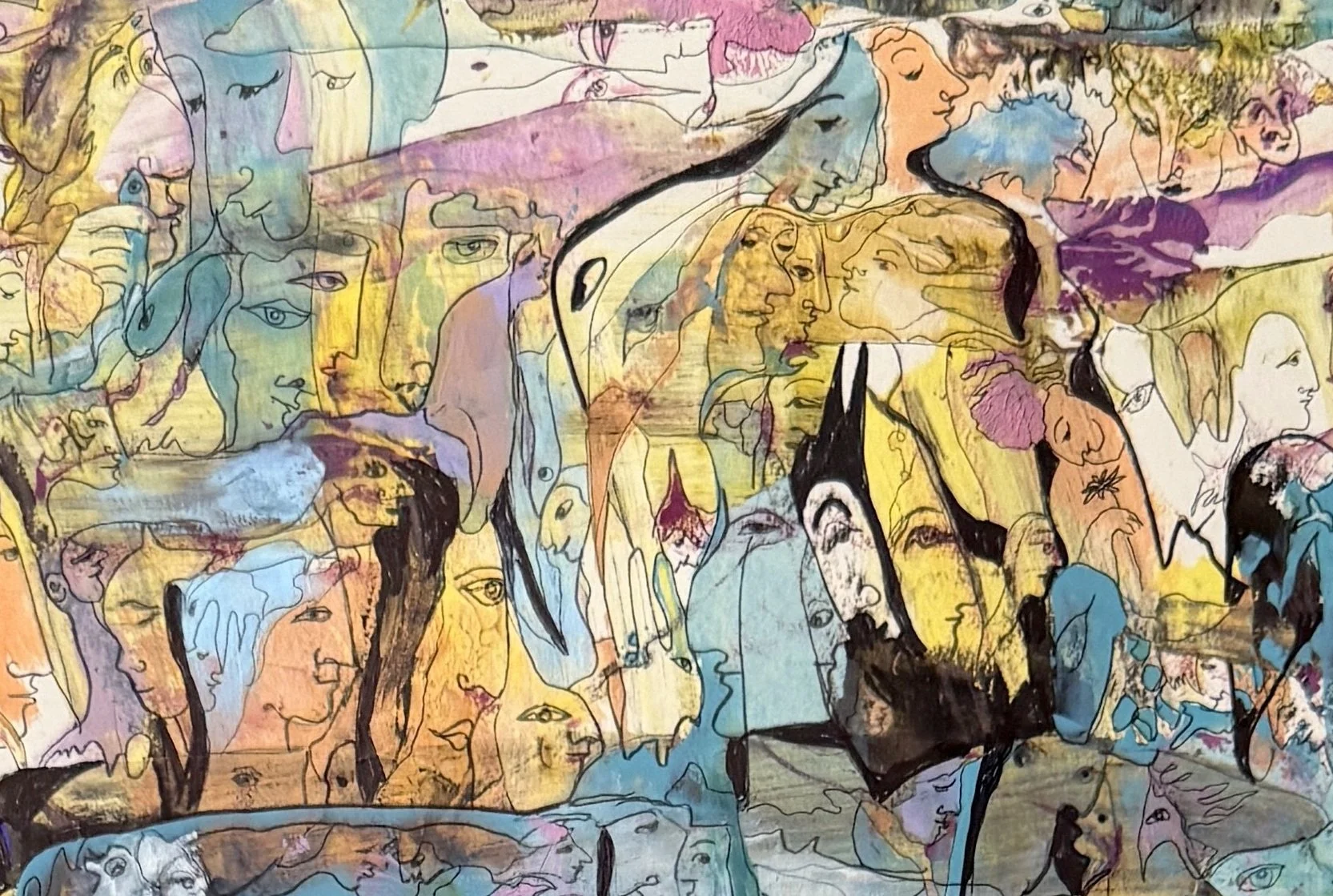 Top-center detail of Solo for Night Guitar showing intertwined faces, birds, abstract forms, and flowing black brushstrokes suggesting musical movement and harmony.