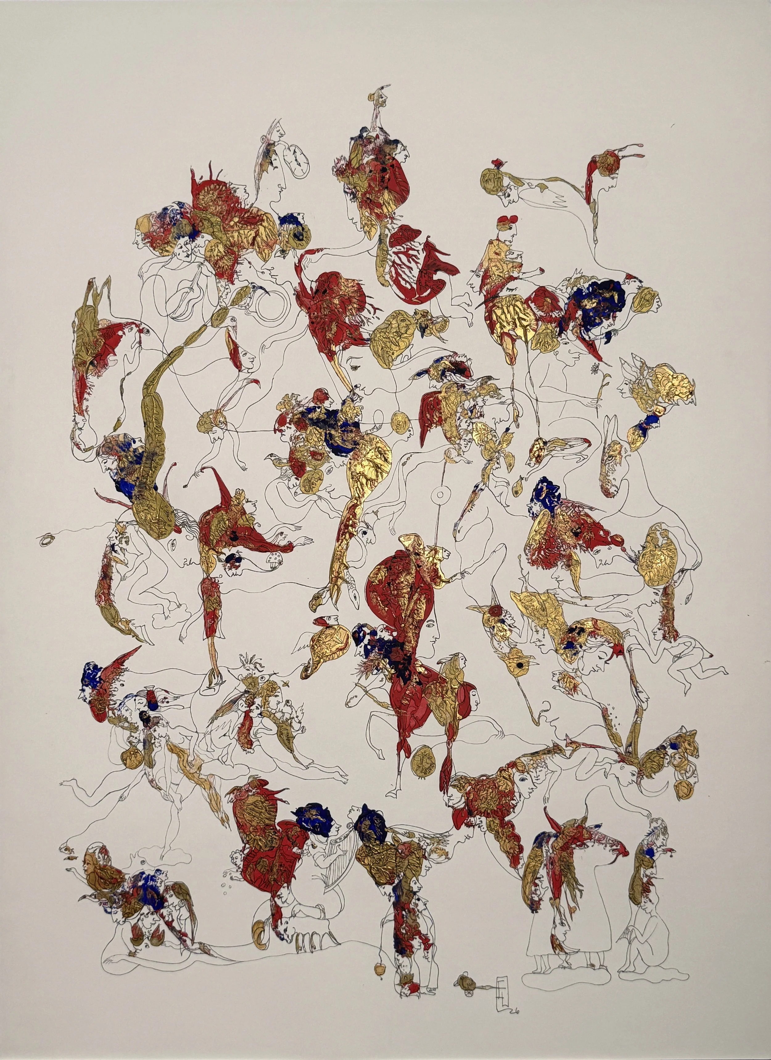 The Kingdom of Unseen Creatures by Yelena Lezhen, symbolic acrylic and ink painting featuring mythical birds, surreal creatures, layered portraits, and luminous gold, crimson, and blue forms