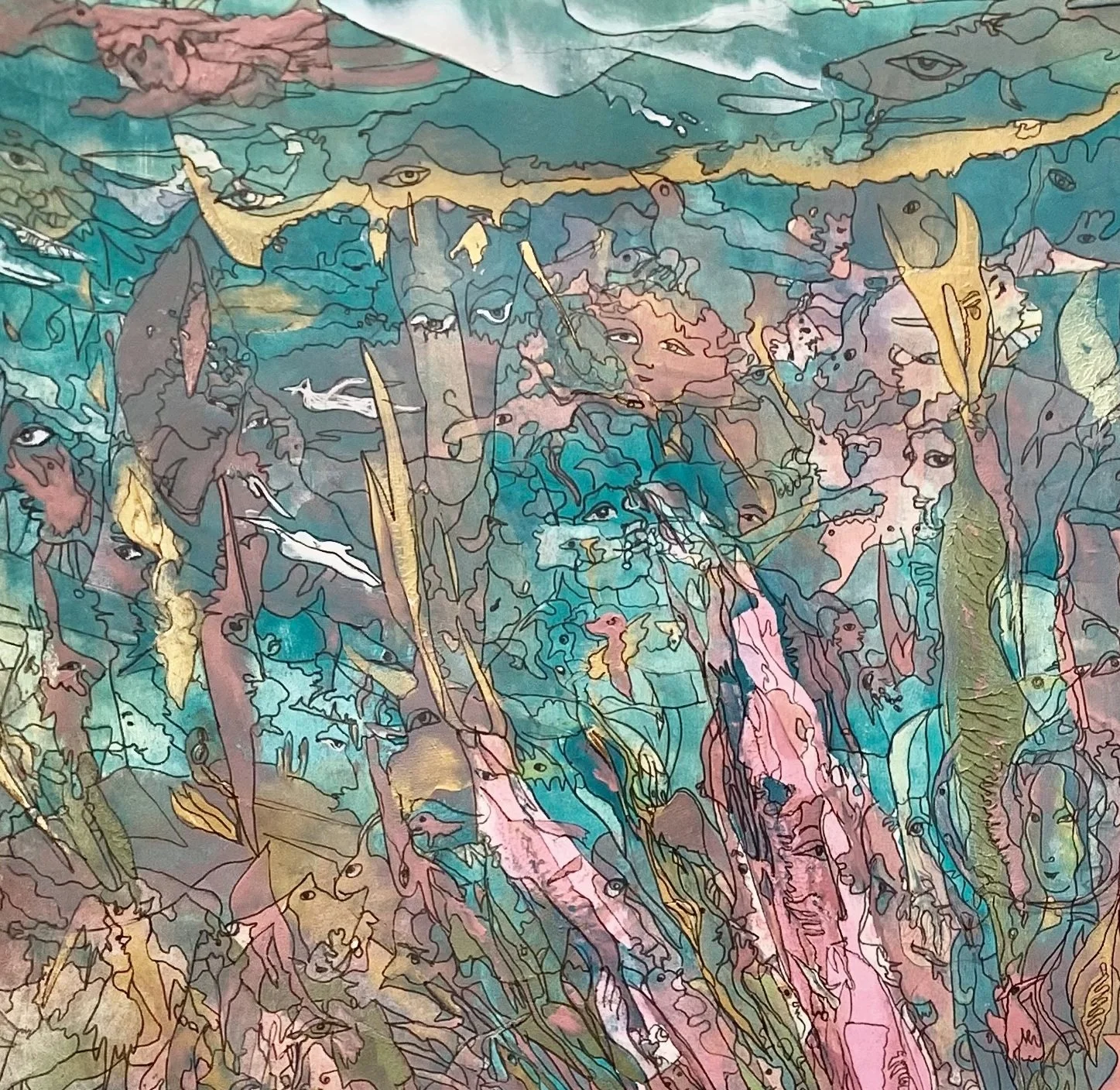 Top left detail of Reminiscing of the Garden of Fantasy Delights featuring dreamlike faces emerging from turquoise waters, birds, fish, and symbolic fantasy imagery.