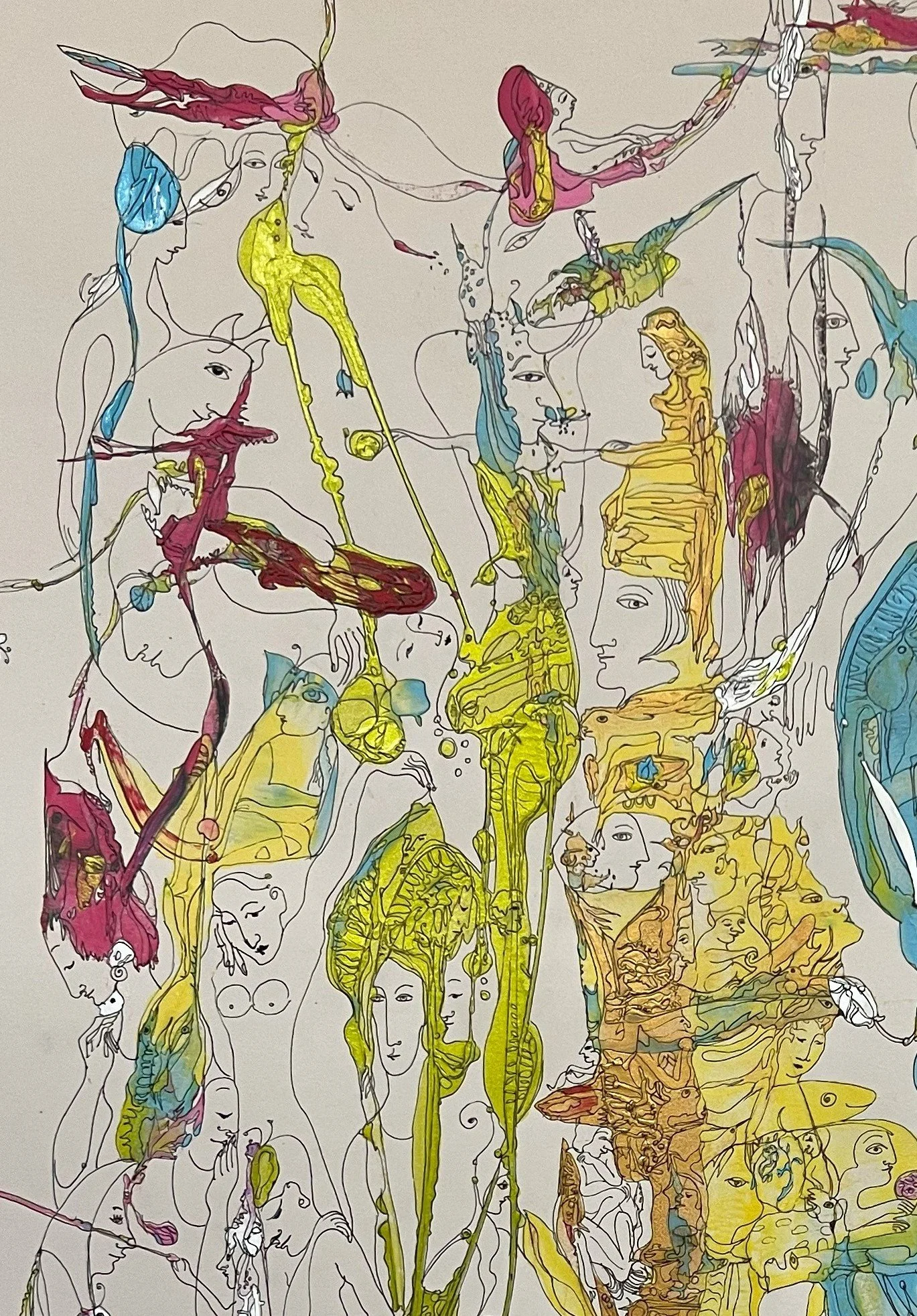 Upper center detail of Treasure of Pleasure featuring symbolic faces, birds, delicate figures, and layered yellow and turquoise organic forms.