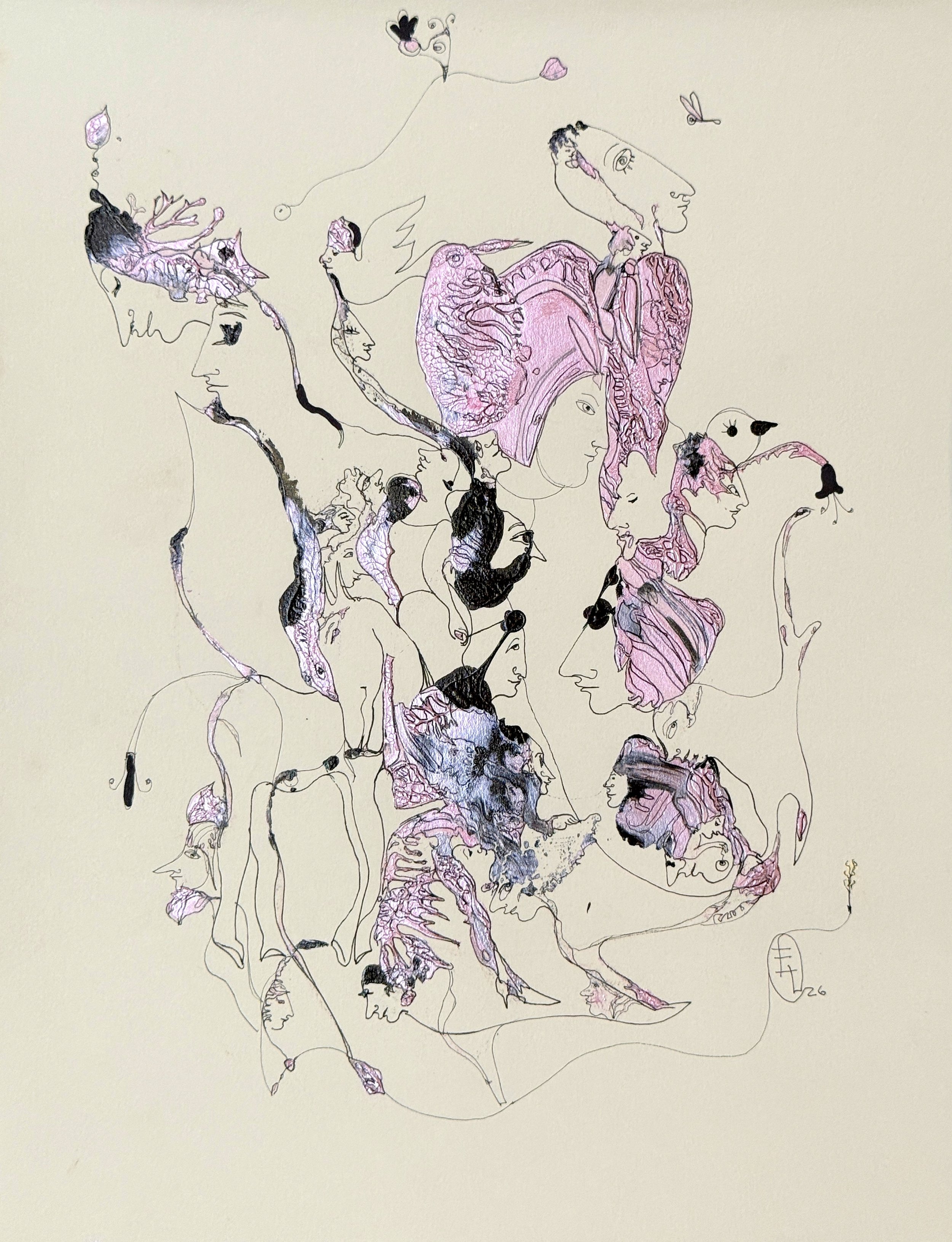 Pink Kingdom, original acrylic and ink painting on paper by Yelena Lezhen featuring symbolic faces, delicate pink forms, and surreal figurative imagery.