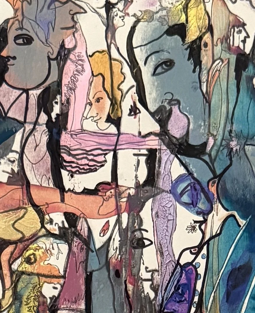 Detail of Cage of Mind by Yelena Lezhen highlighting layered symbolic faces, expressive line work, and translucent color.