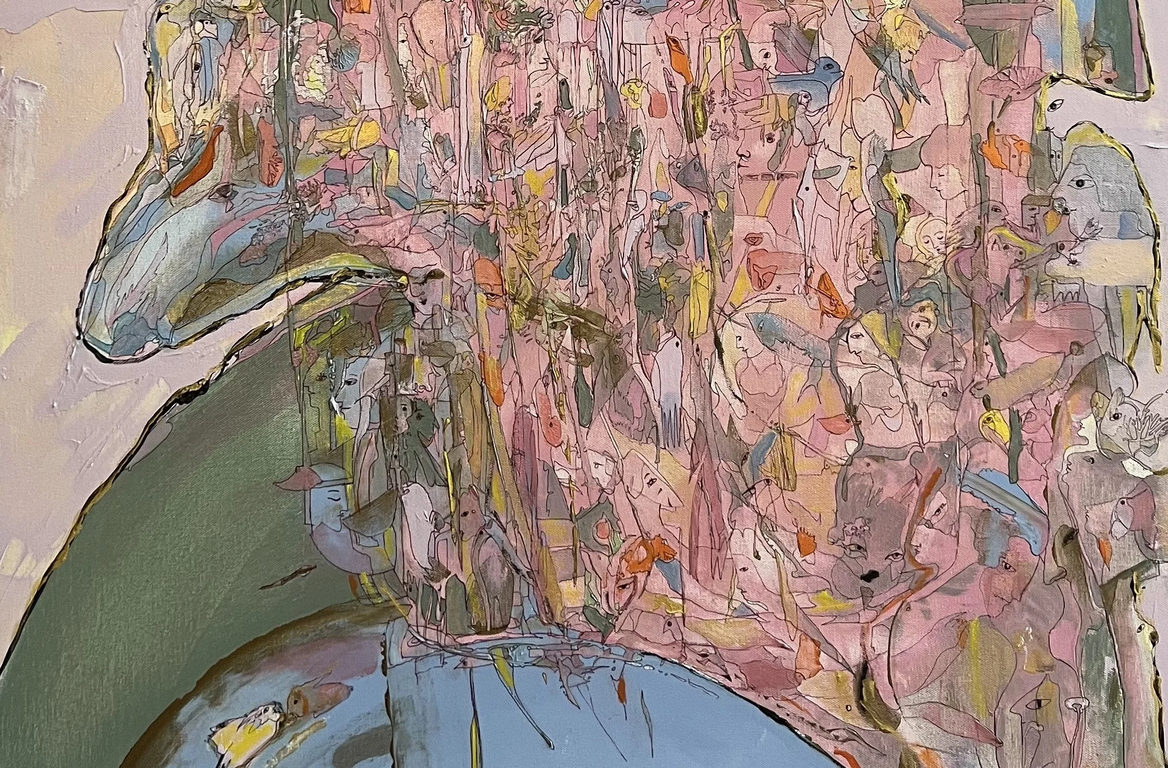 Center lower detail of Pink Ice Cream Town showing densely layered symbolic figures, birds, animals, and dreamlike characters rendered in delicate ink and soft pink tones.