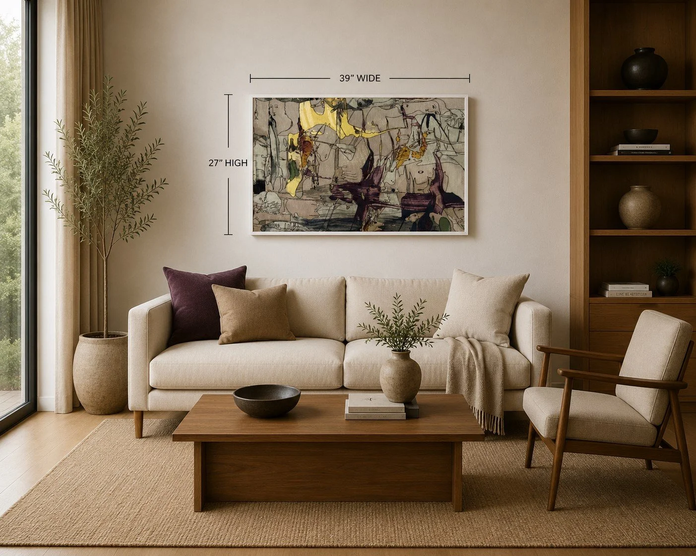 Framed limited edition tapestry "Sentimental Altruism" displayed above a contemporary sofa in a modern minimalist living room, dimensions 27 × 39 inches.