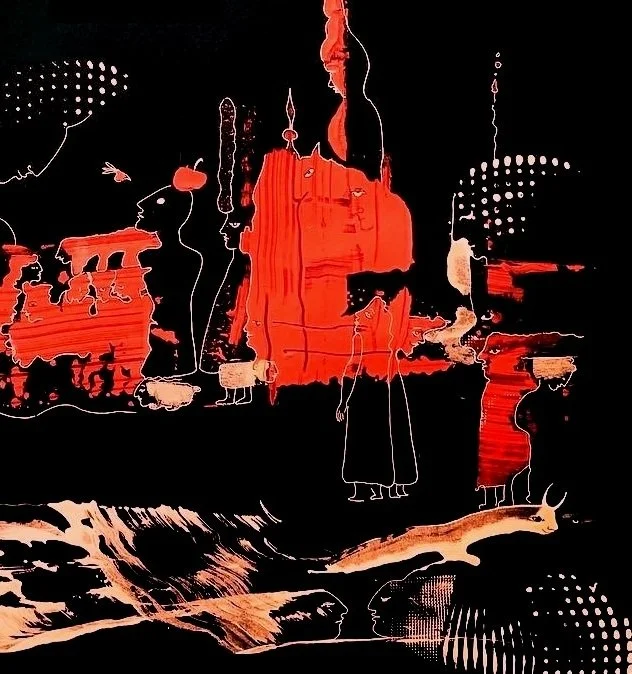Right-side detail of Dance at a Wrong Time featuring surreal standing figures, symbolic red forms, fine white line drawings, and abstract imagery suggesting memory and destiny.