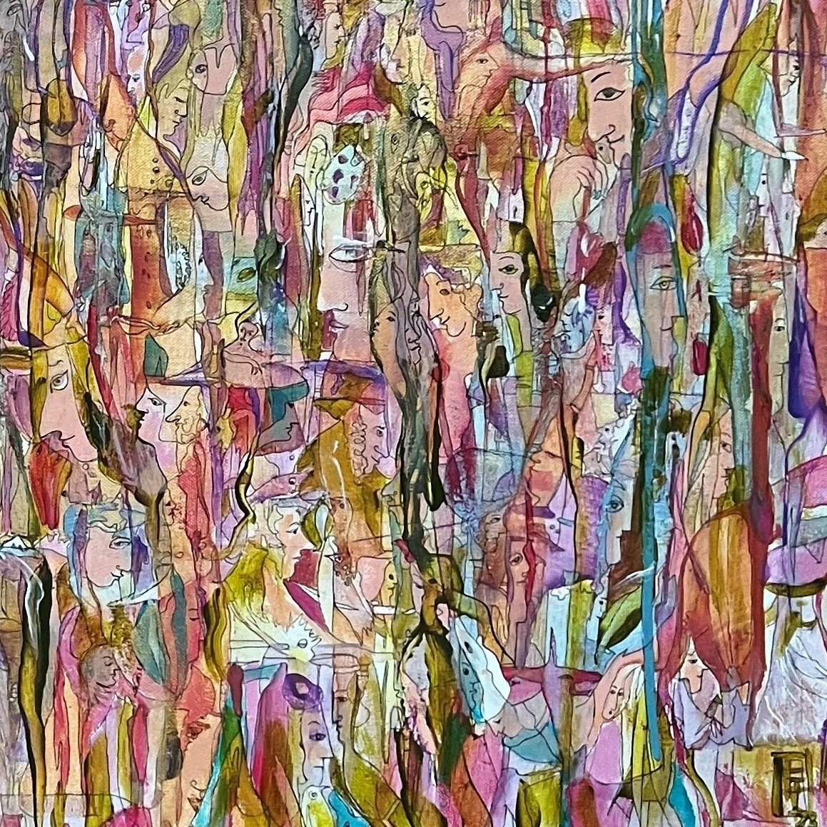 Lower right detail of Hope revealing expressive faces, translucent layers, and symbolic figures within a richly textured contemporary figurative composition.