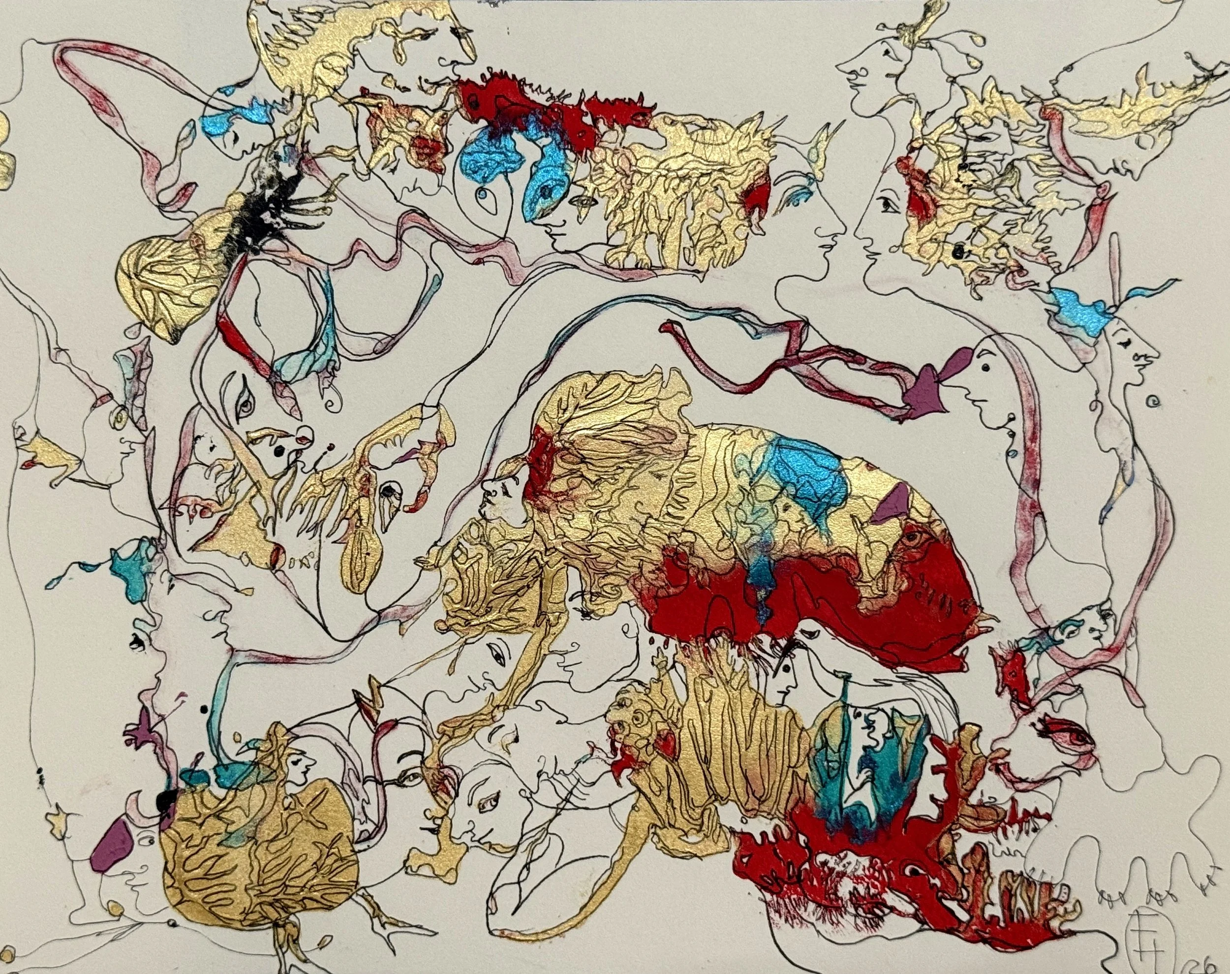 The Dreaming Earth, original acrylic and ink painting on paper by Yelena Lezhen featuring symbolic faces, birds, organic forms, and surreal imagery inspired by nature and imagination