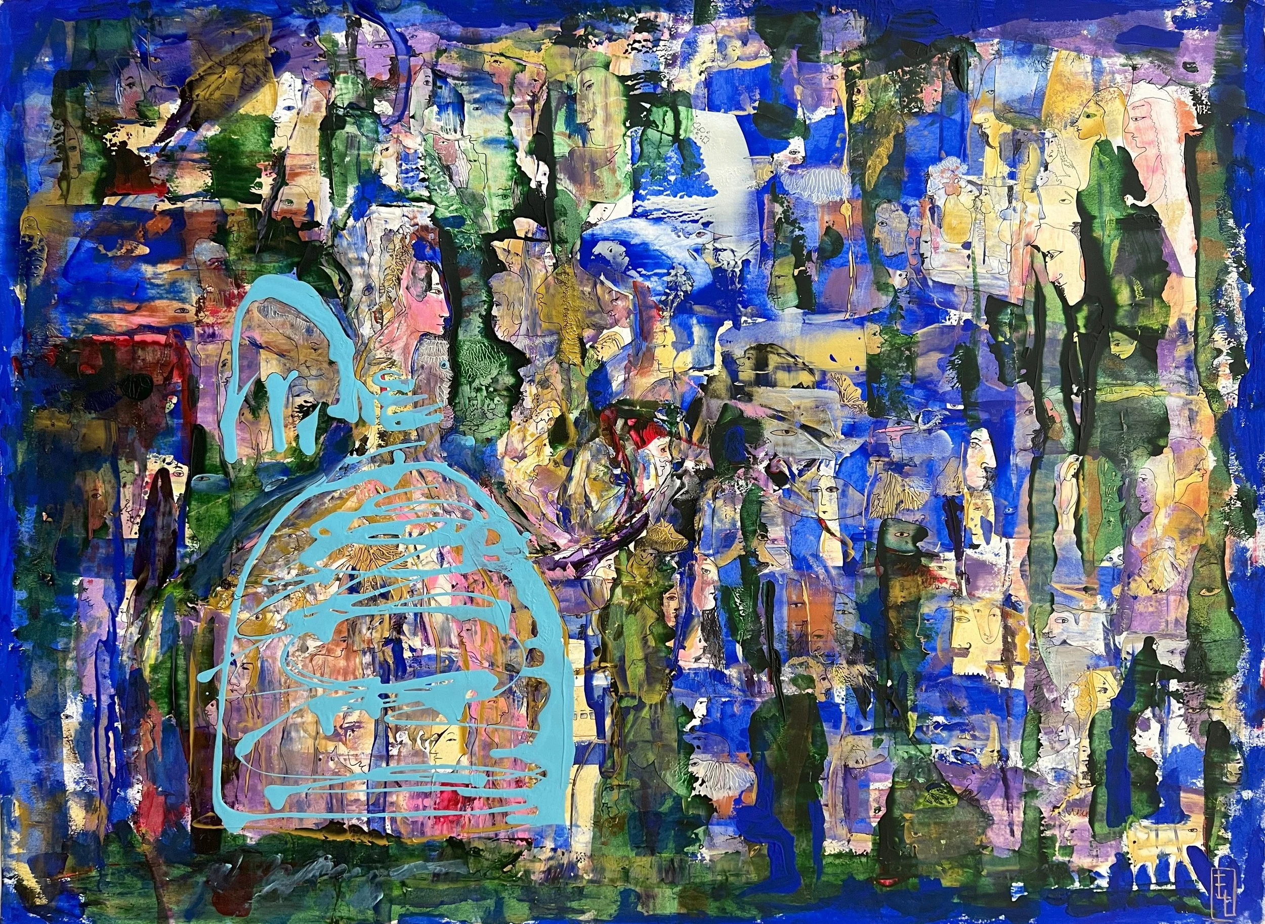 Blue Princess, contemporary symbolic figurative painting with layered hidden faces, expressive blue and green tones, and a translucent princess silhouette exploring identity and imagination