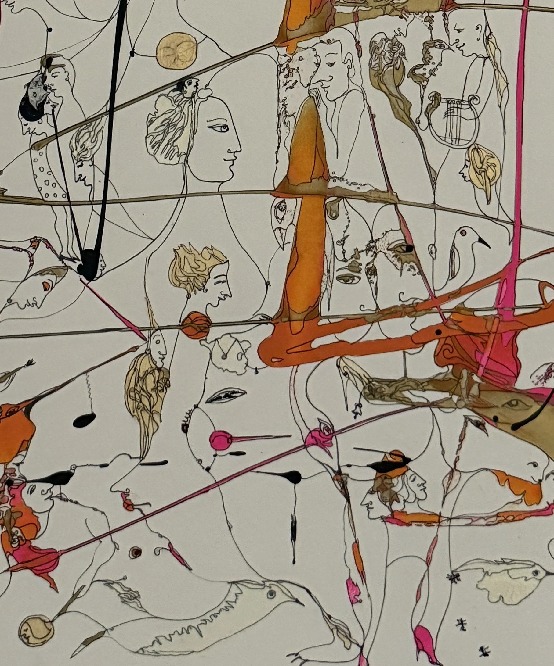Lower-center detail of Torn Between Hopes revealing layered faces, symbolic forms, birds, and delicate surreal linework exploring inner reflection and possibility.