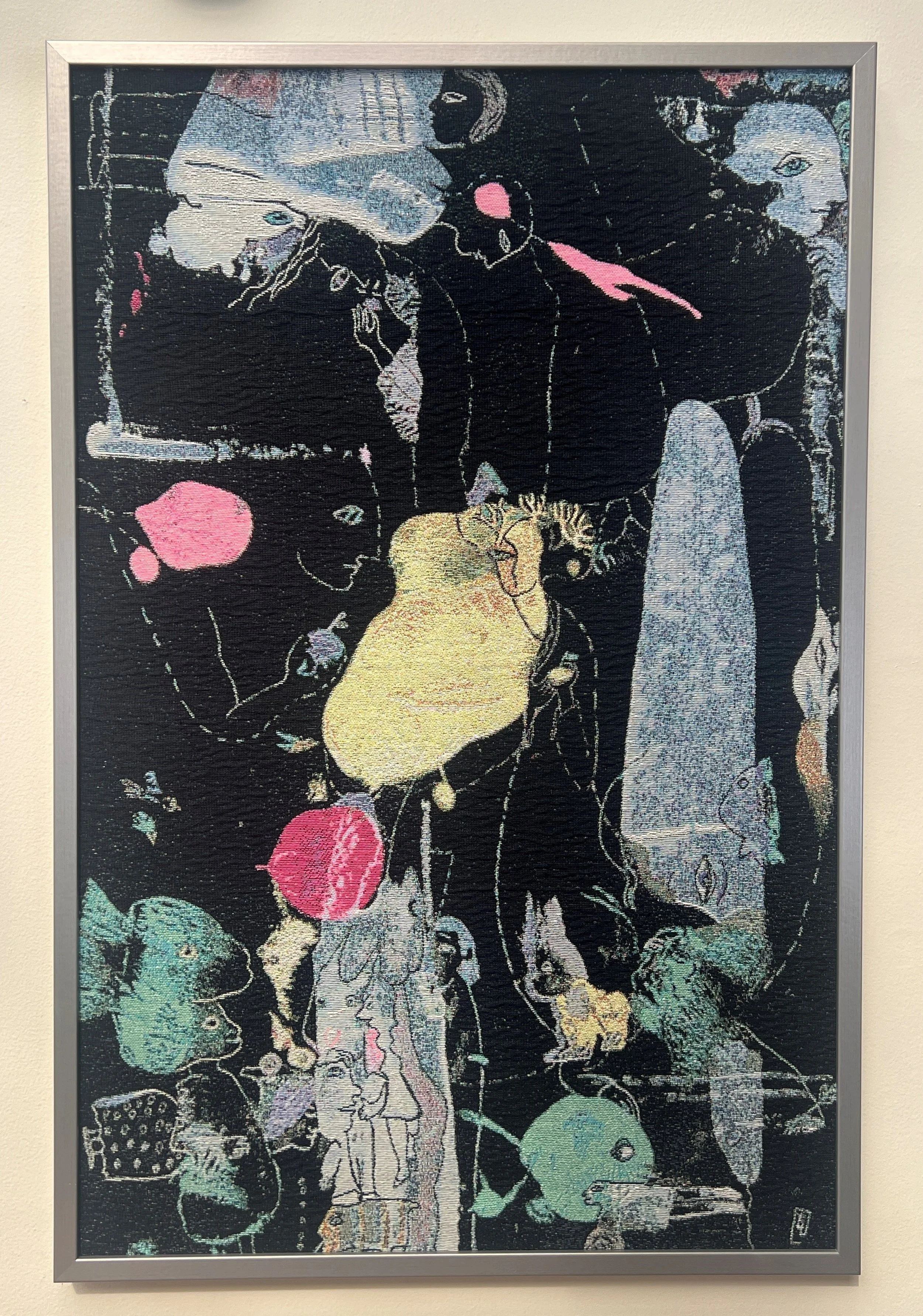 Framed limited edition woven tapestry "Childhood Dreams" by Yelena Lezhen featuring symbolic figures, birds, fish, and expressive dreamlike imagery.