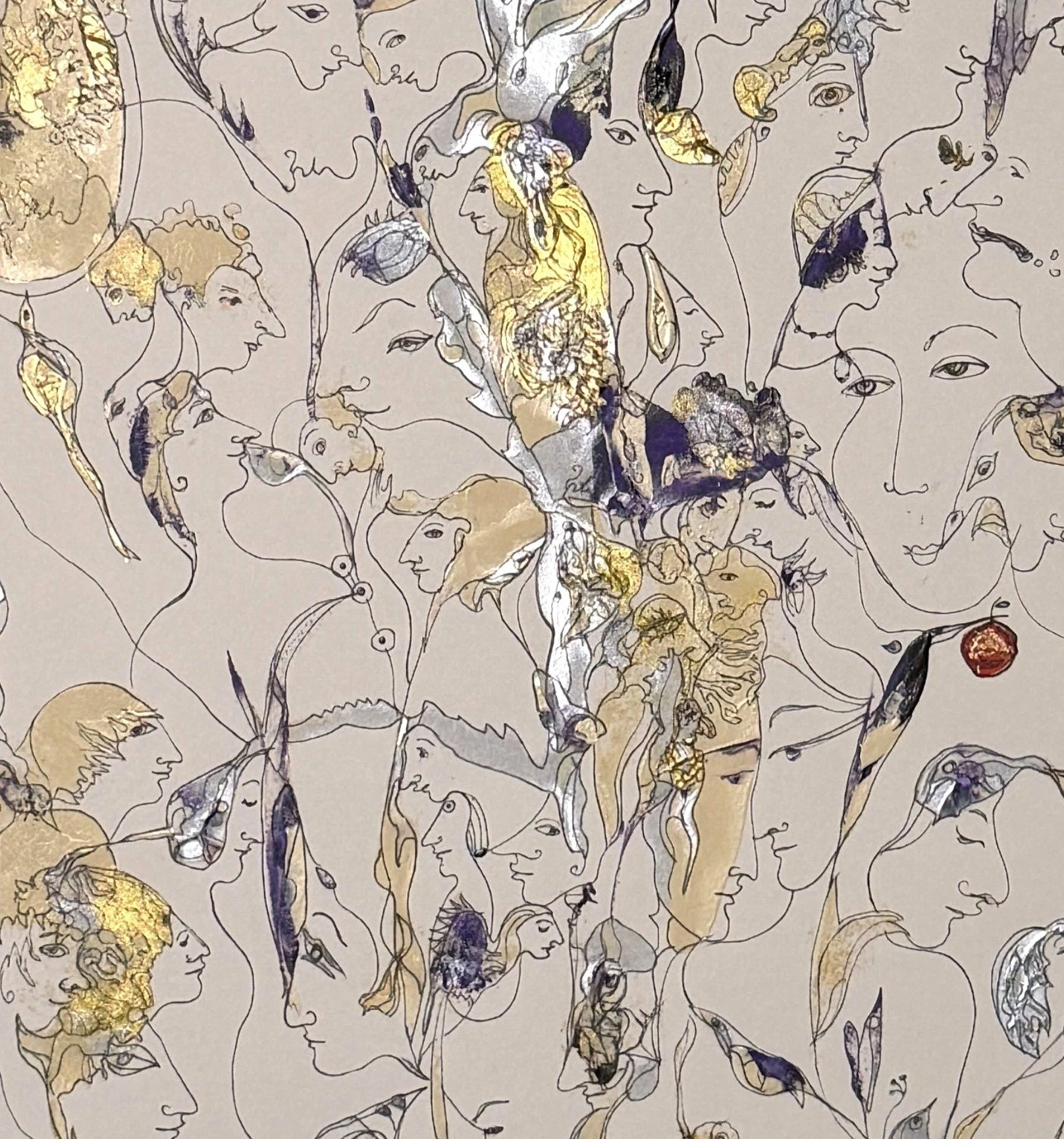 Center detail of Living Connections showing layered symbolic portraits, birds, delicate ink linework, and gold leaf accents expressing human connection.