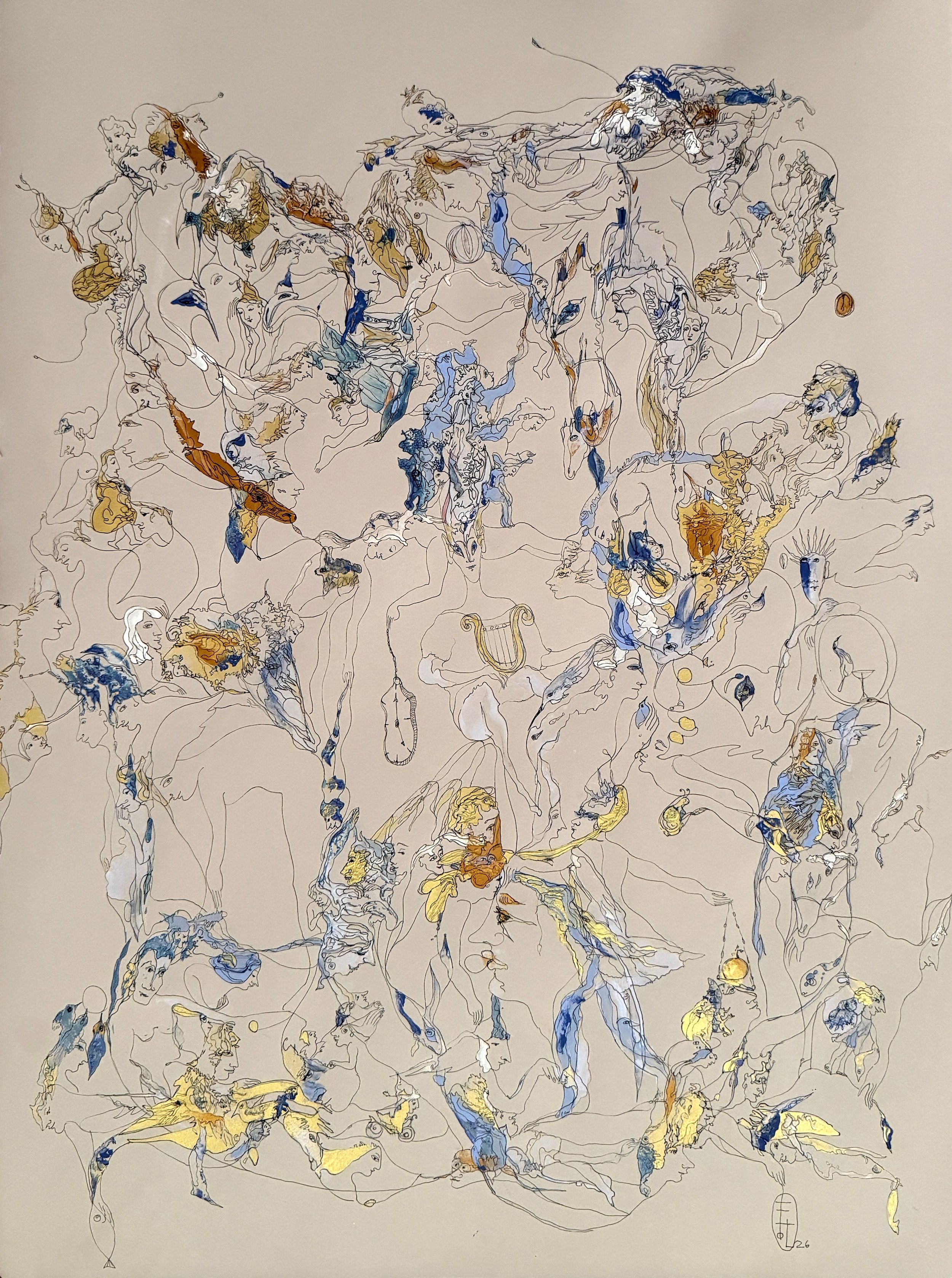 Artwork featuring symbolic human figures, birds, musical imagery, and flowing blue and gold linework expressing harmony and imagination.