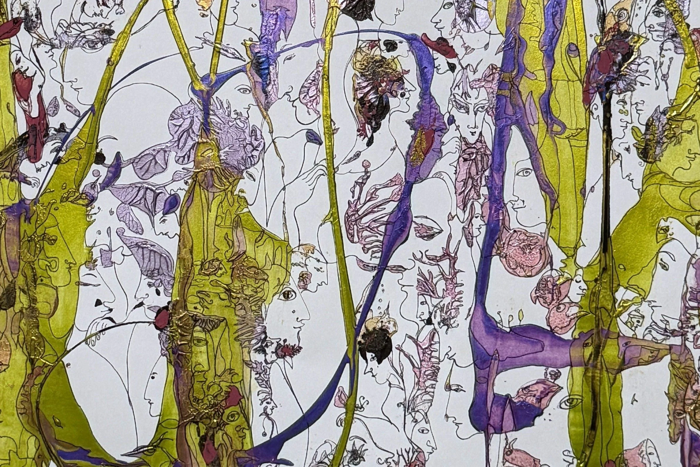 Center detail of Metamorphic Garden showing symbolic faces, botanical forms, intricate ink drawing, and translucent green and violet acrylic layers.