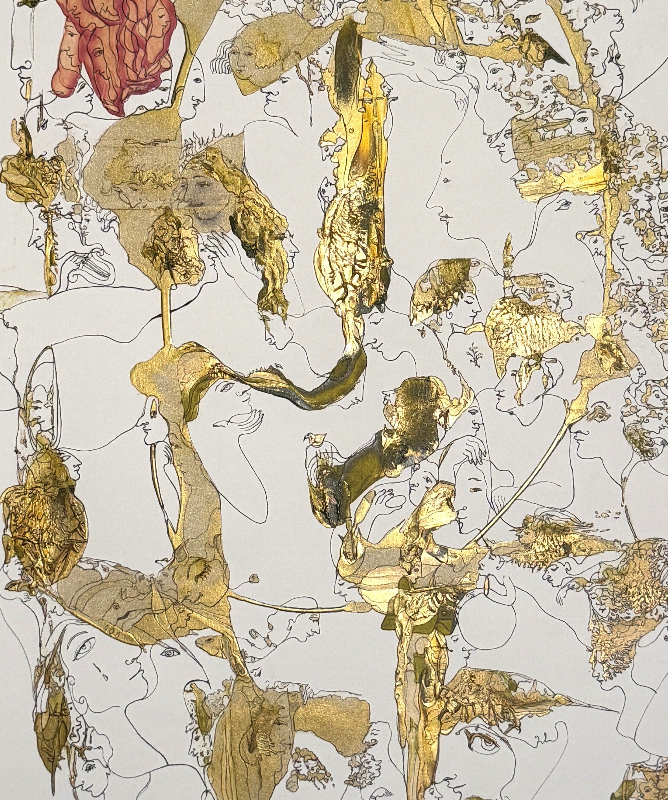 Center detail of The Golden Menagerie showing golden symbolic figures, layered human profiles, birds, and intricate acrylic and ink textures.