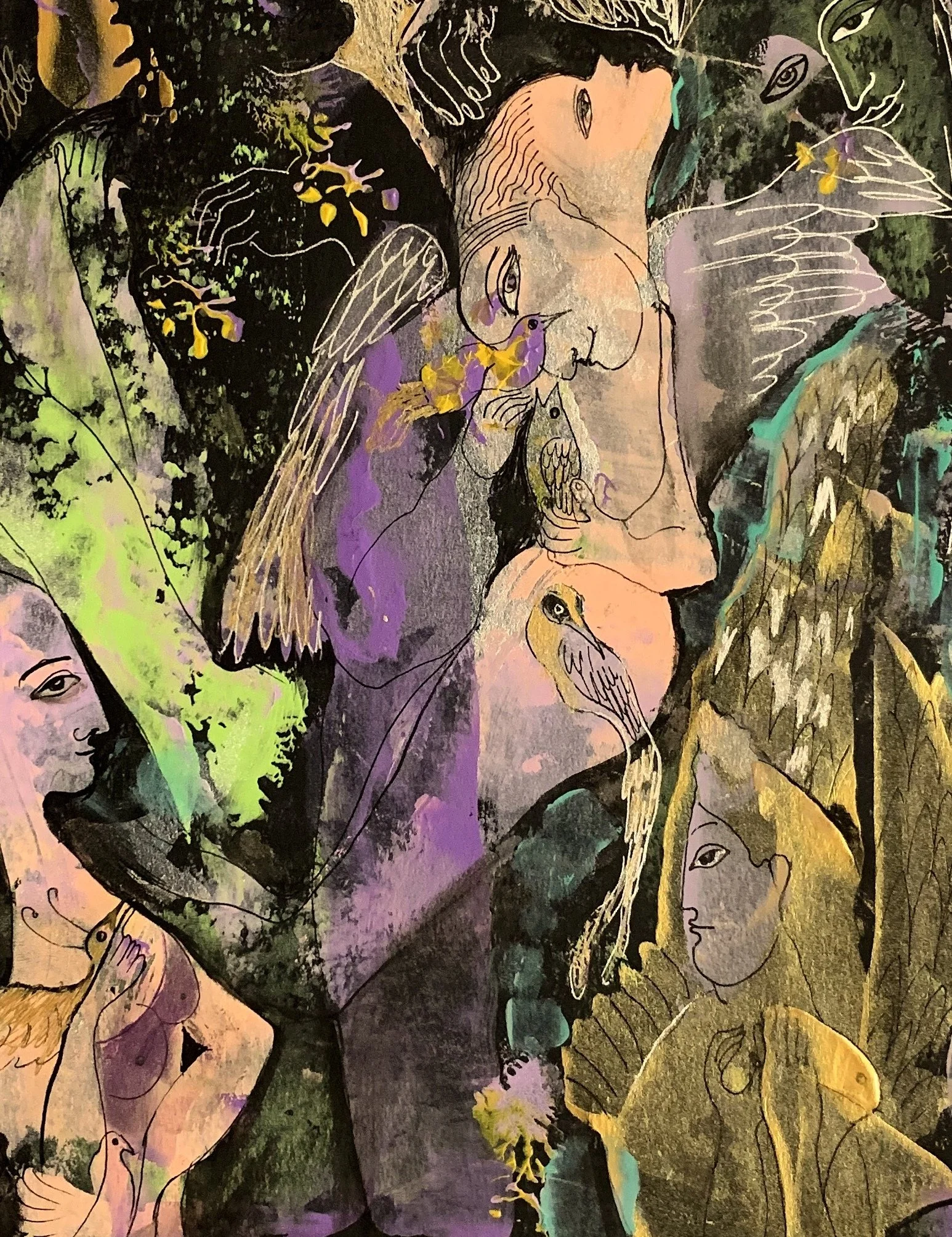 Detail of Magic Bird showing symbolic figures, delicate birds, and layered visionary forms in acrylic and ink with blue, green, violet, and gold textures