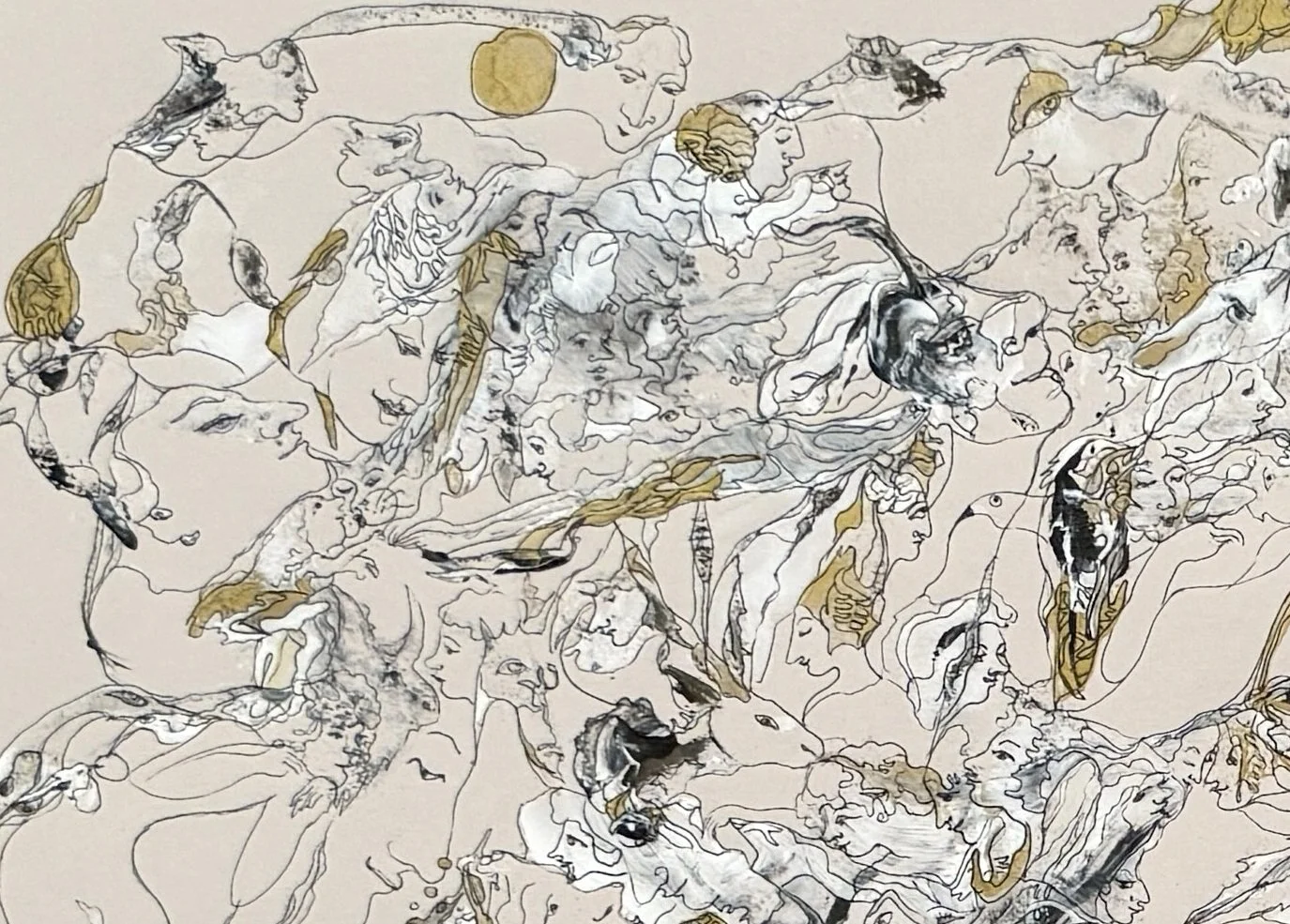 Top left detail of Allegorical and Erotic Symbolism featuring expressive portrait profiles, symbolic figures, birds, and flowing contemporary line drawing.