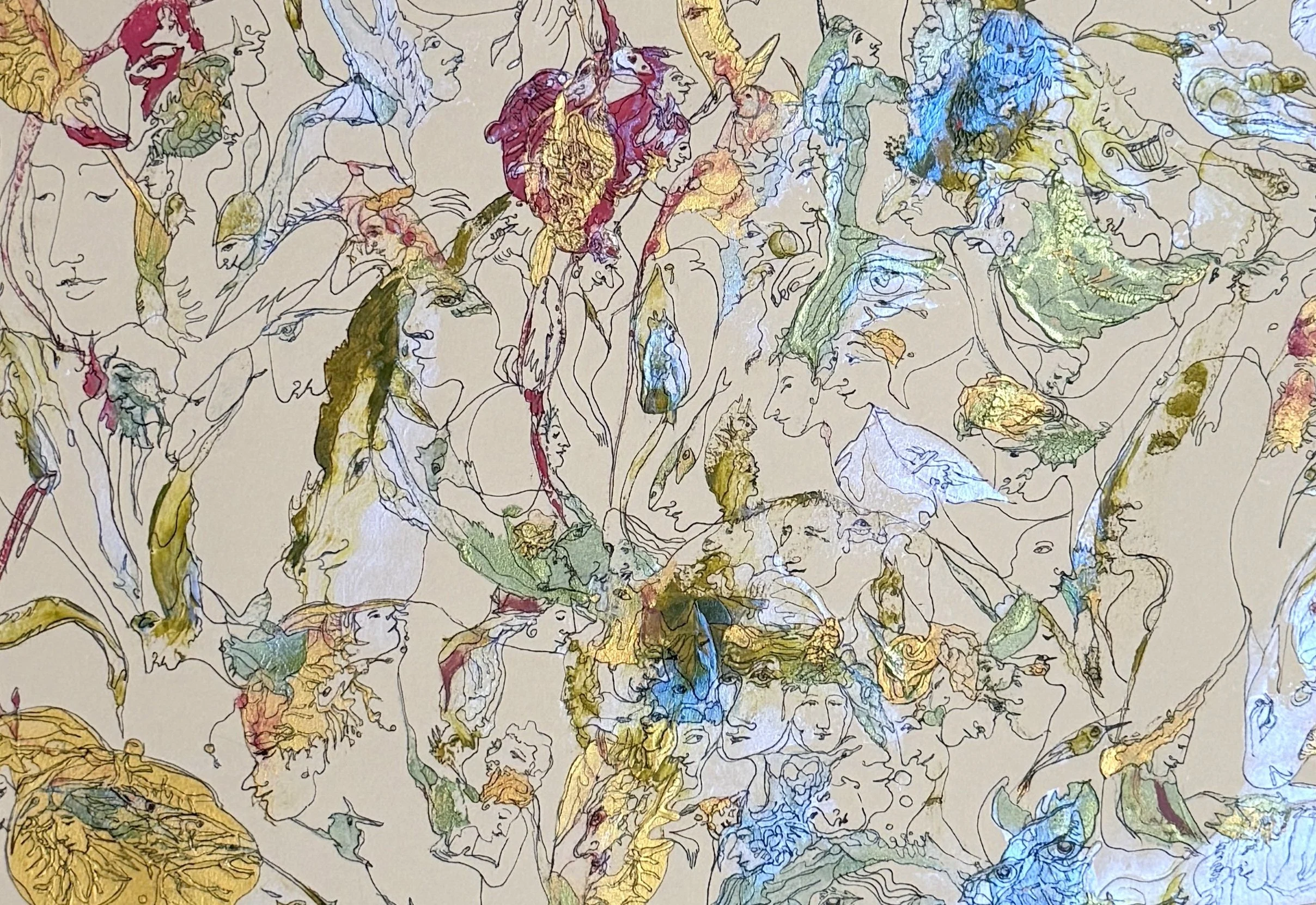 Central detail of Eternity in Fragments featuring symbolic human profiles, birds, and flowing organic forms rendered in acrylic and ink.