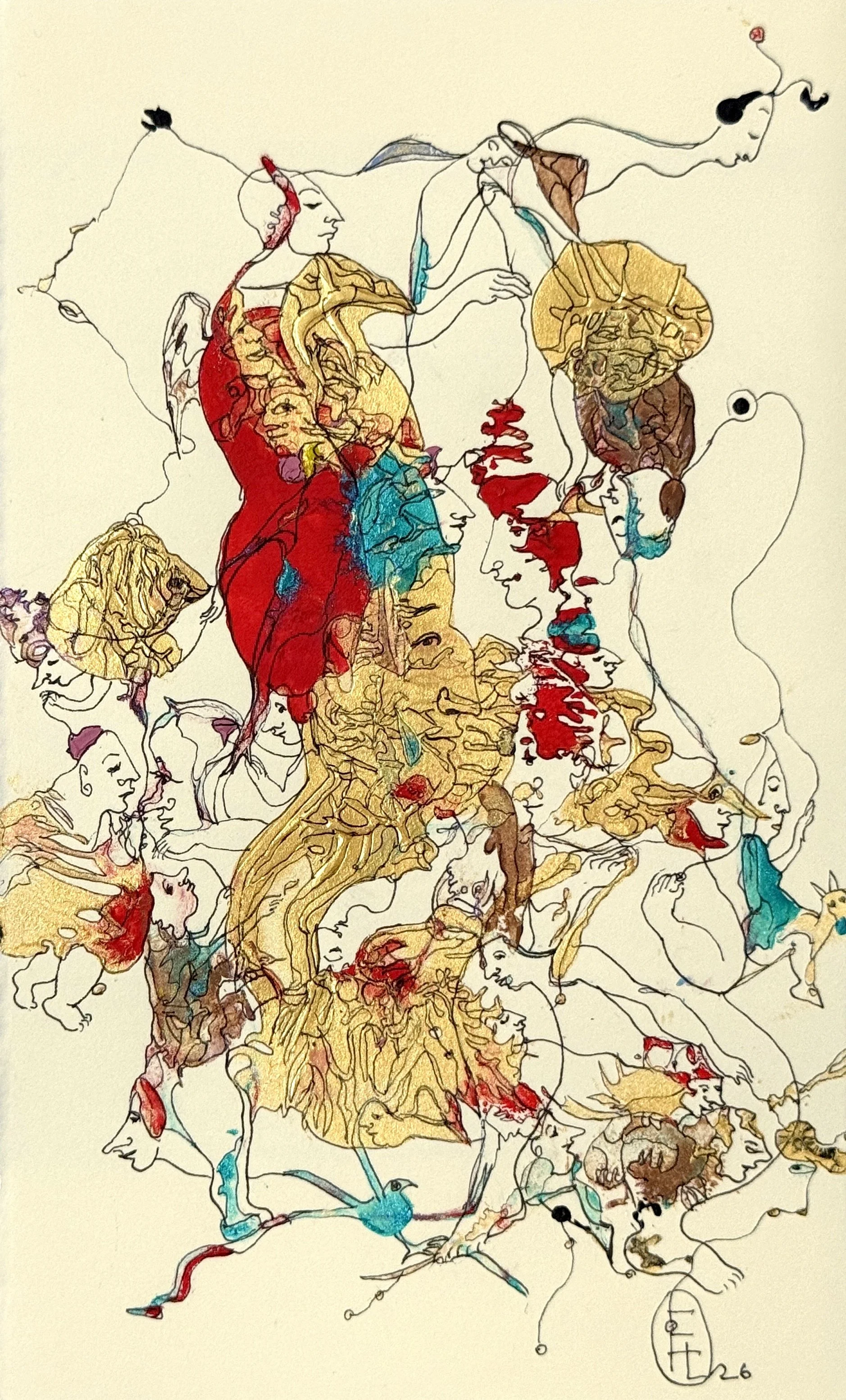 Gold Rush, original acrylic and ink painting on paper by Yelena Lezhen featuring symbolic faces, birds, gold organic forms, and surreal figurative imagery in vibrant red, turquoise, and gold.