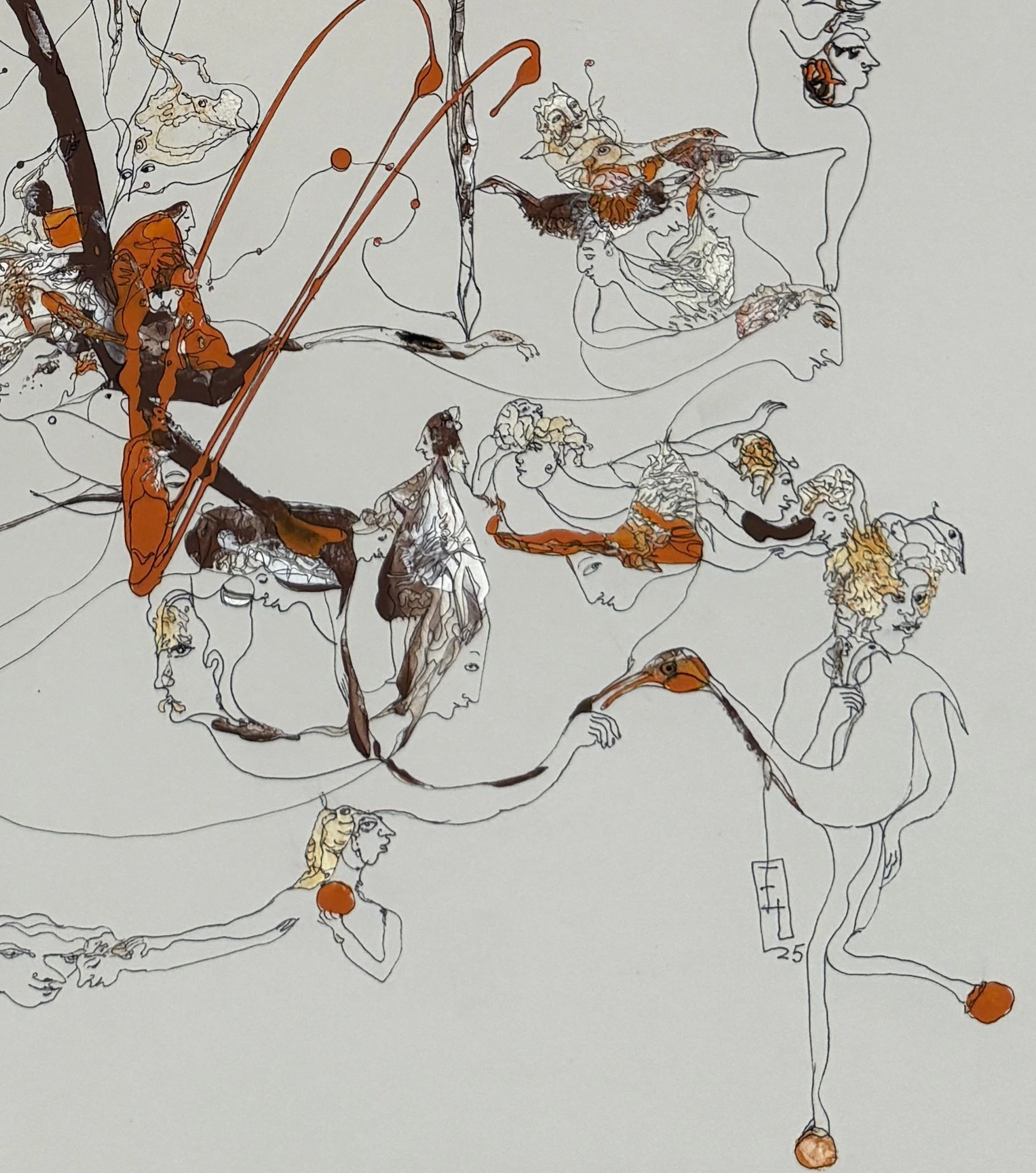 Bottom-right detail of Orange Thoughts featuring hidden faces, symbolic figures, birds, and flowing orange forms connected by delicate surreal linework.