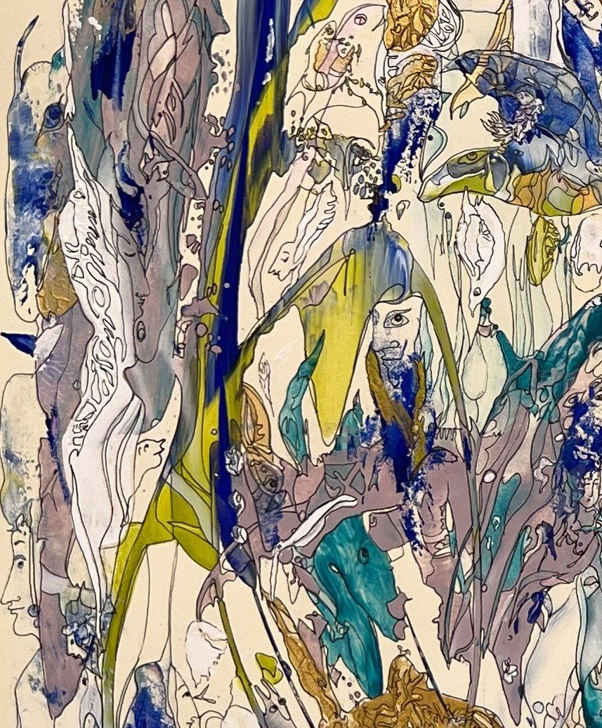 Center left detail of Gleaming Illusions of the Dream World featuring symbolic faces, birds, layered organic forms, and expressive blue and chartreuse brushwork.