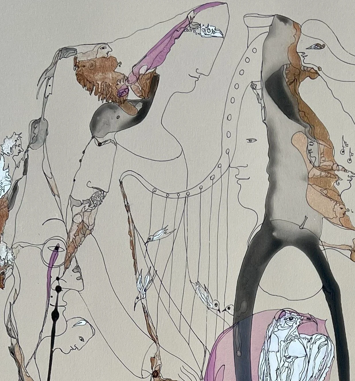 Top left detail of The Song of Birds featuring elegant female profiles, birds, and flowing symbolic line work in ink and watercolor.