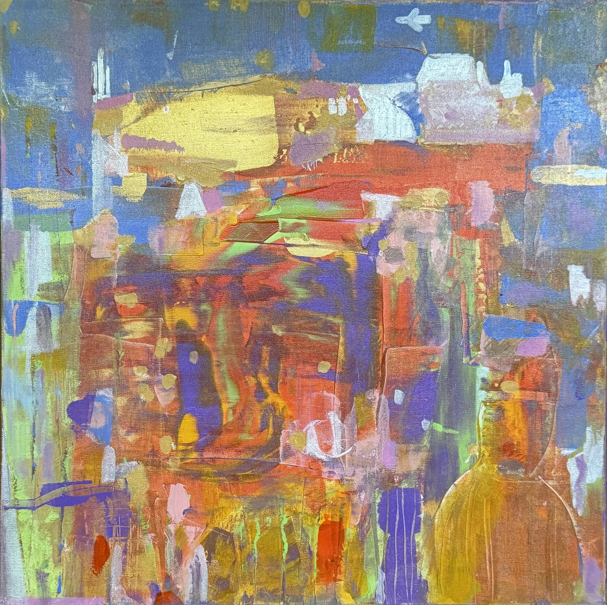 Sunny City, original acrylic painting on canvas by Yelena Lezhen featuring a colorful abstract cityscape with geometric forms, a small airplane above, and a symbolic human silhouette.