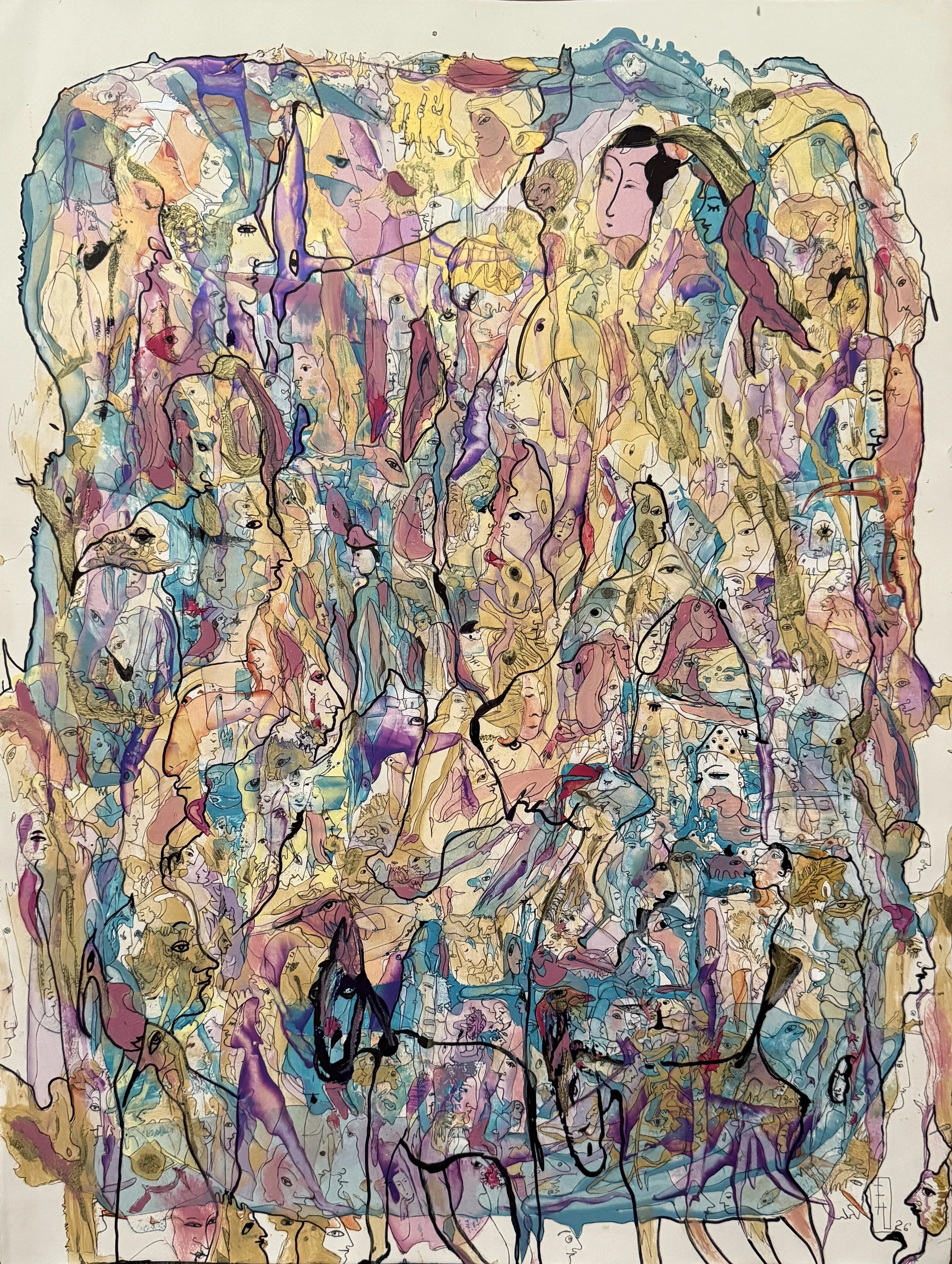 Reflection for Souls by Yelena Lezhen, contemporary abstract figurative artwork with layered symbolic faces, birds, and flowing blue, violet, gold, and rose forms on paper.