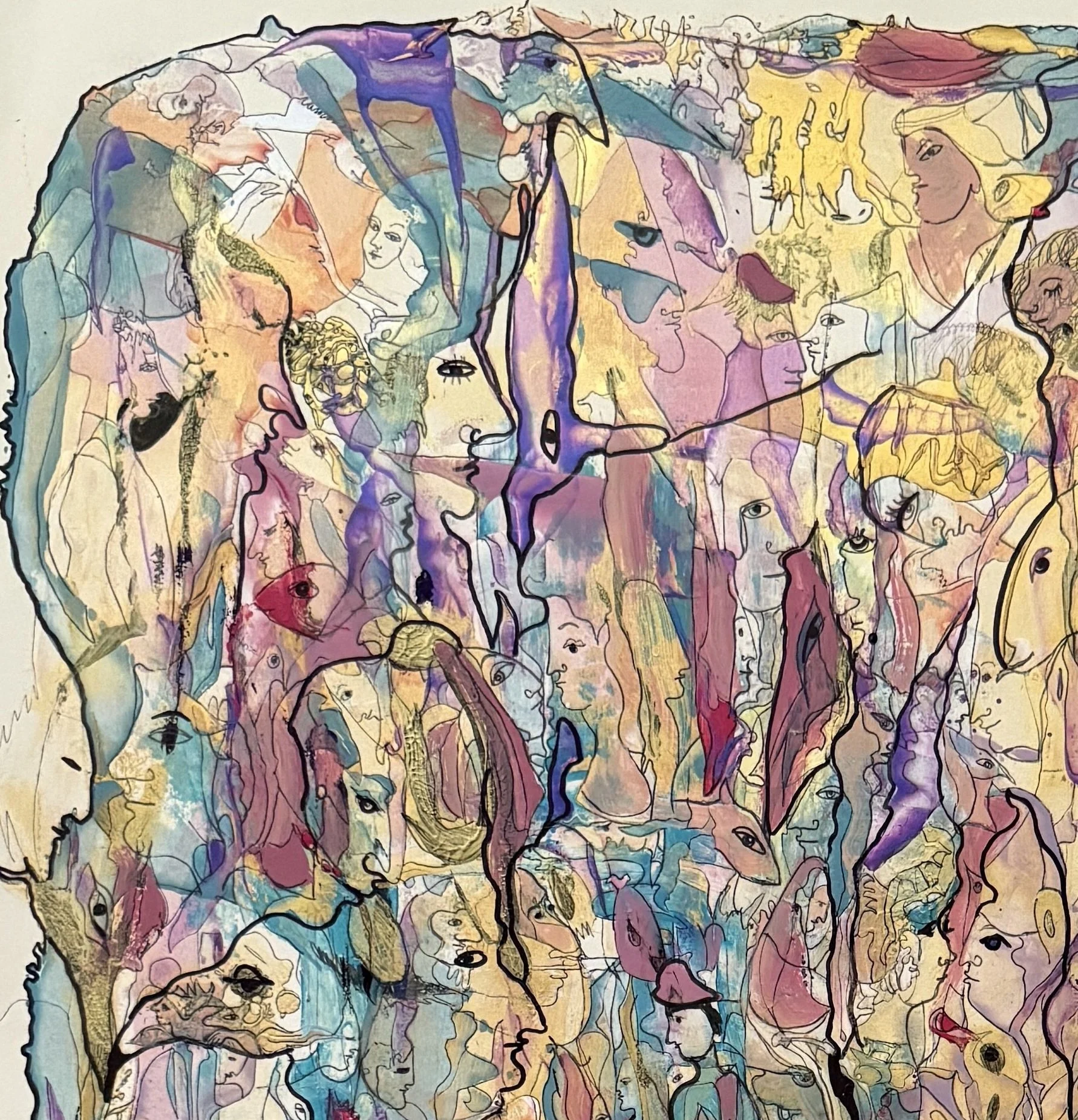 Top left detail of Reflection for Souls featuring expressive faces, symbolic figures, birds, and delicate layered abstract linework by Yelena Lezhen.