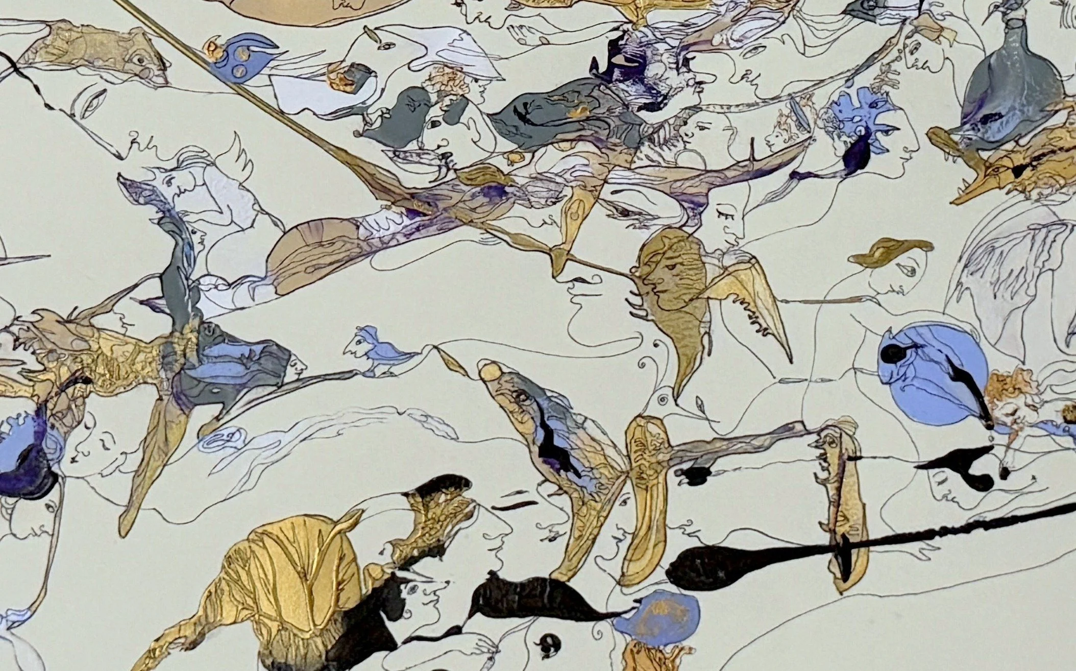 Bottom detail of The Cultivation of Wonder featuring symbolic human profiles, birds, botanical motifs, and expressive acrylic and ink linework.
