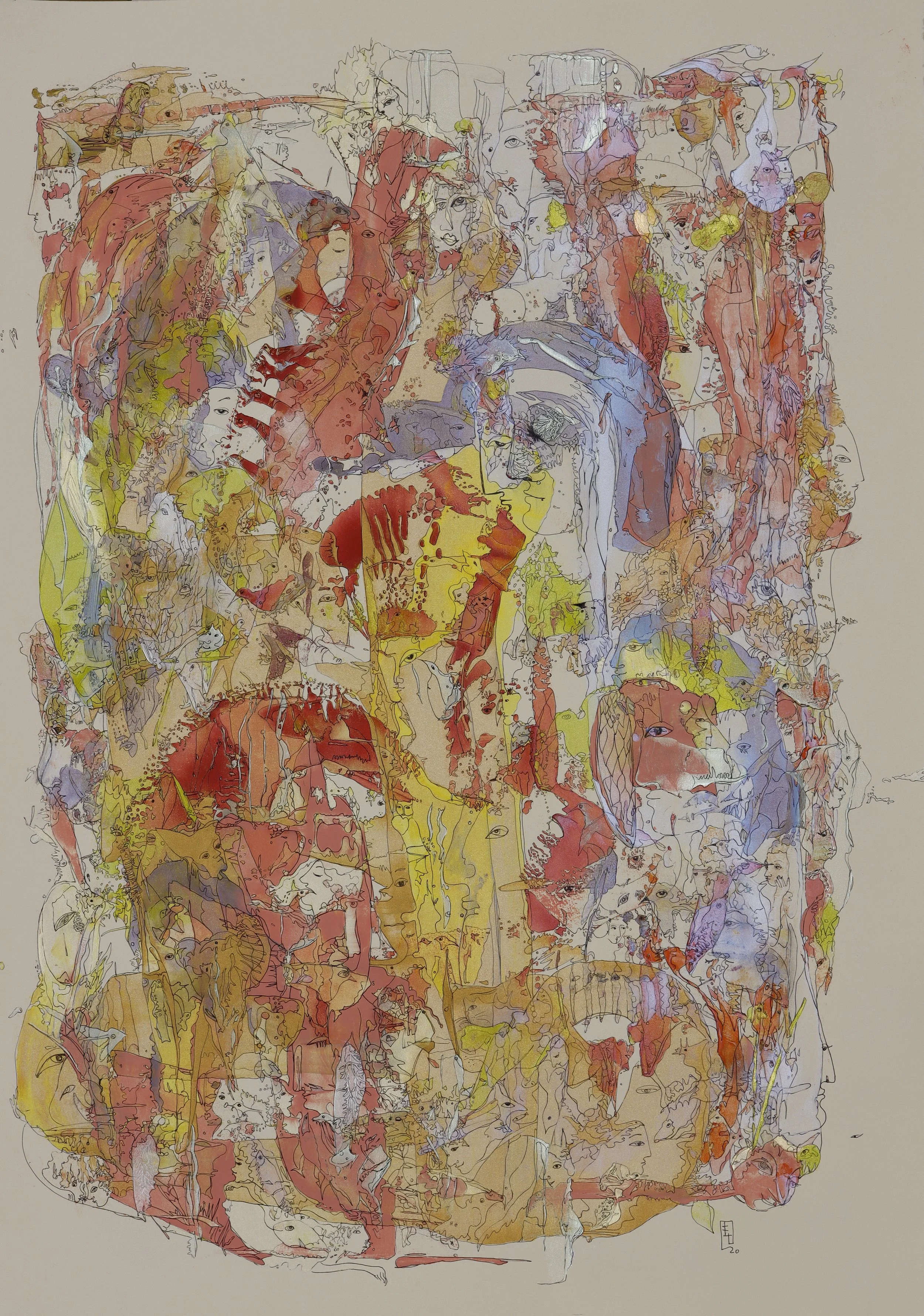 Lost in the Future, symbolic figurative painting with layered human faces, vibrant red, yellow, and violet tones, exploring memory, transformation, and the uncertainty of the future.