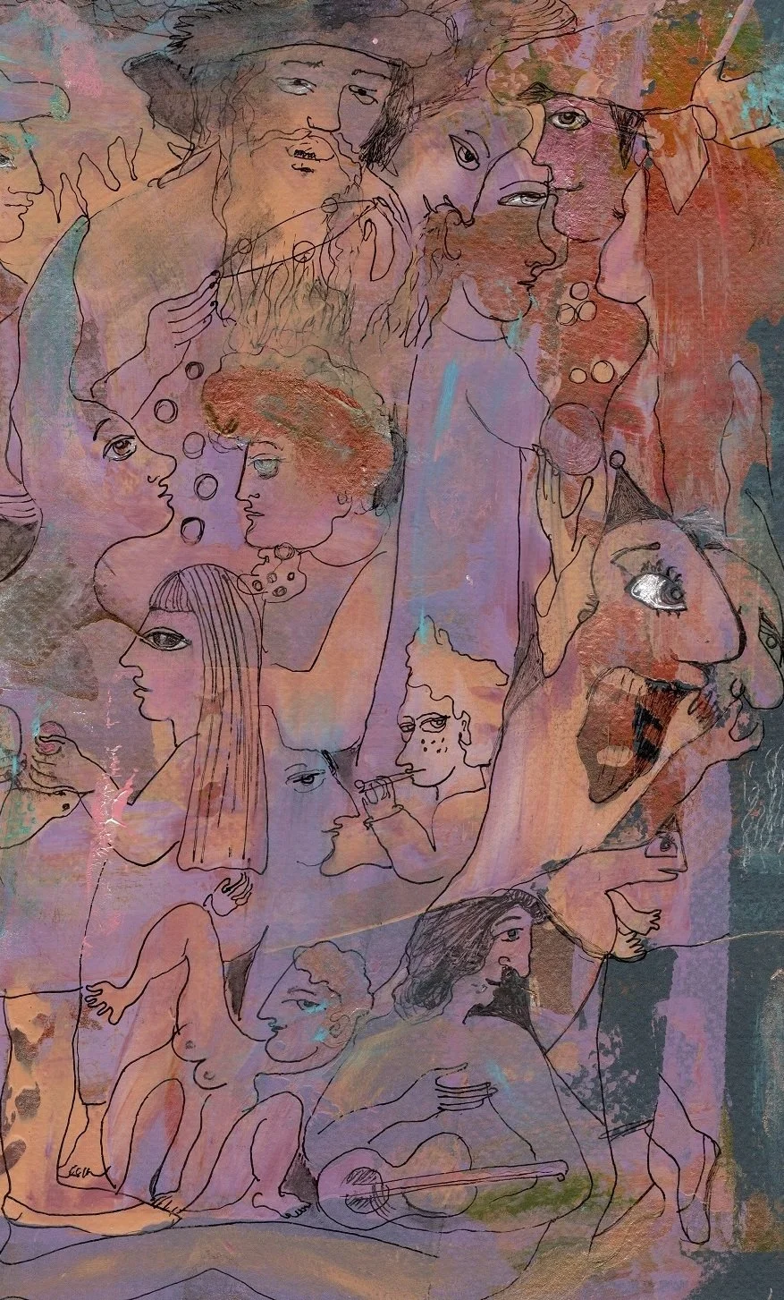 Lower right detail of Dance with Time highlighting musicians, intertwined portraits, symbolic faces, and flowing contemporary figurative forms.